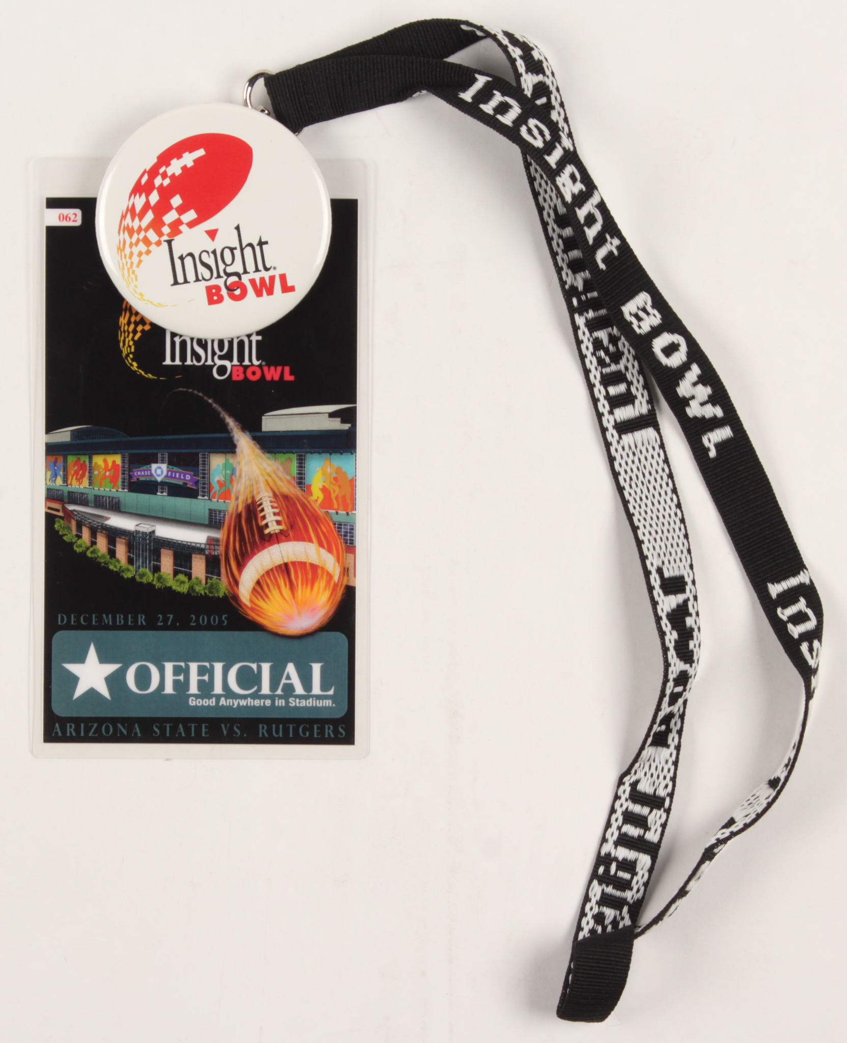 Lot of (3) 2005 ASU vs. Rutgers Insight Bowl Items with (1) Stadium Pass, (1) Insight Bowl Button & (1) Insight Bowl Commemorative Lanyard at PristineAuction.com Lot of (3) 2005 ASU vs. Rutgers Insight Bowl Items with (1) Stadium Pass, (1) Insight Bowl Button & (1) Insight Bowl Commemorative Lanyard at PristineAuction.com