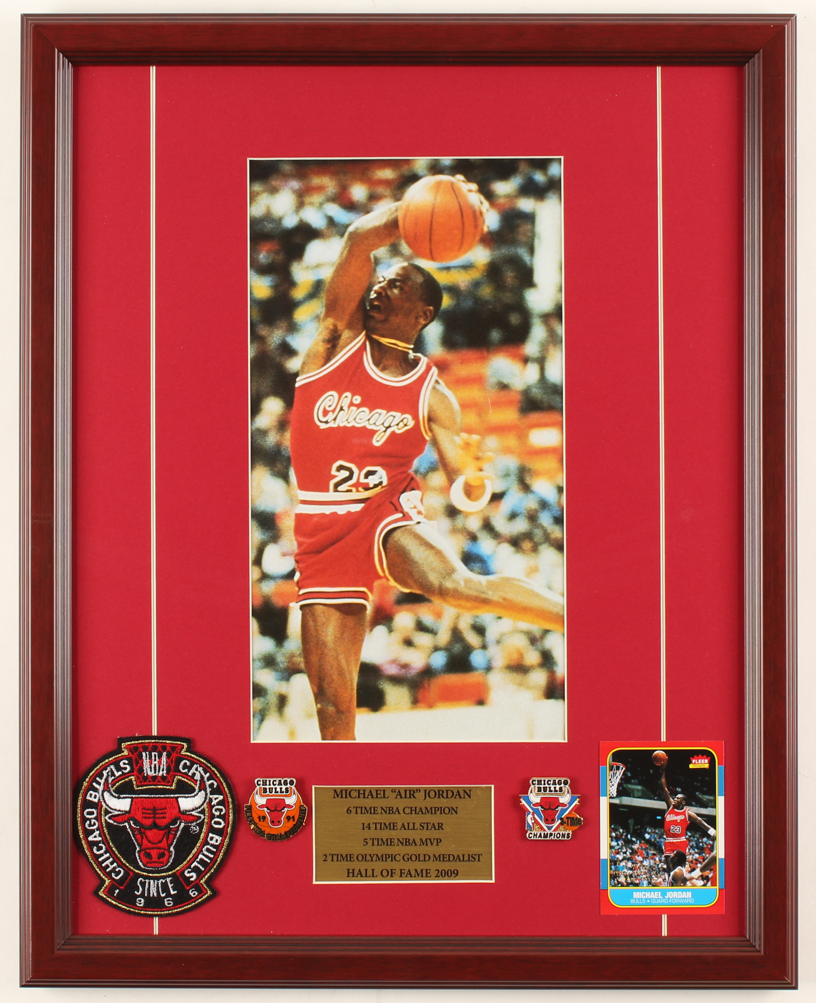Michael Jordan Bulls 16x20 Custom Framed Photo Display with (2) Bulls Pins, Bulls Patch & Michael Jordan Card at PristineAuction.com Michael Jordan Bulls 16x20 Custom Framed Photo Display with (2) Bulls Pins, Bulls Patch & Michael Jordan Card at PristineAuction.com
