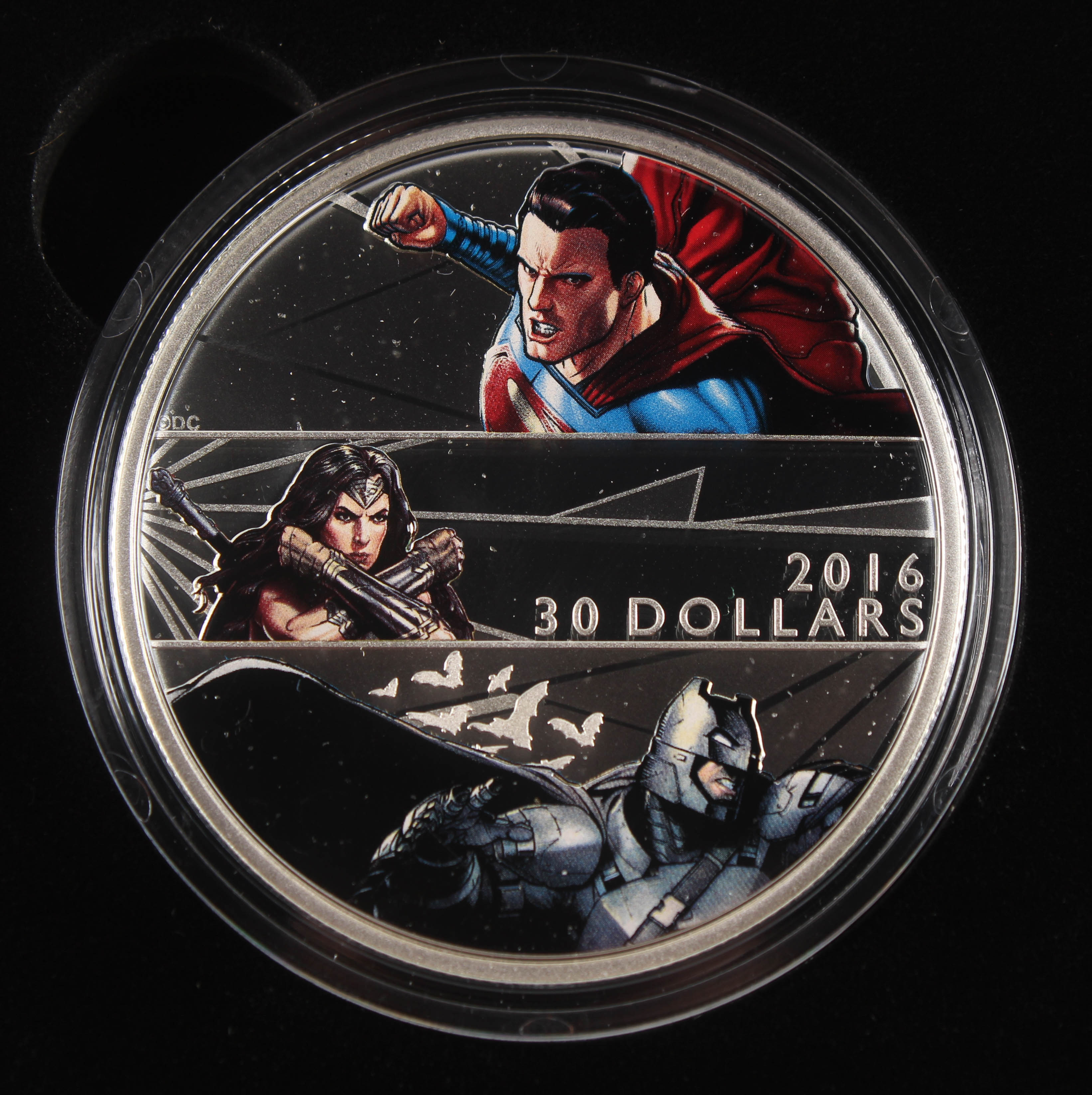 2016 Batman vs. Superman: Dawn of Justice $30 Thirty Dollar 2 oz Fine Silver Colorized Coin with Display Box at PristineAuction.com 2016 Batman vs. Superman: Dawn of Justice $30 Thirty Dollar 2 oz Fine Silver Colorized Coin with Display Box at PristineAuction.com