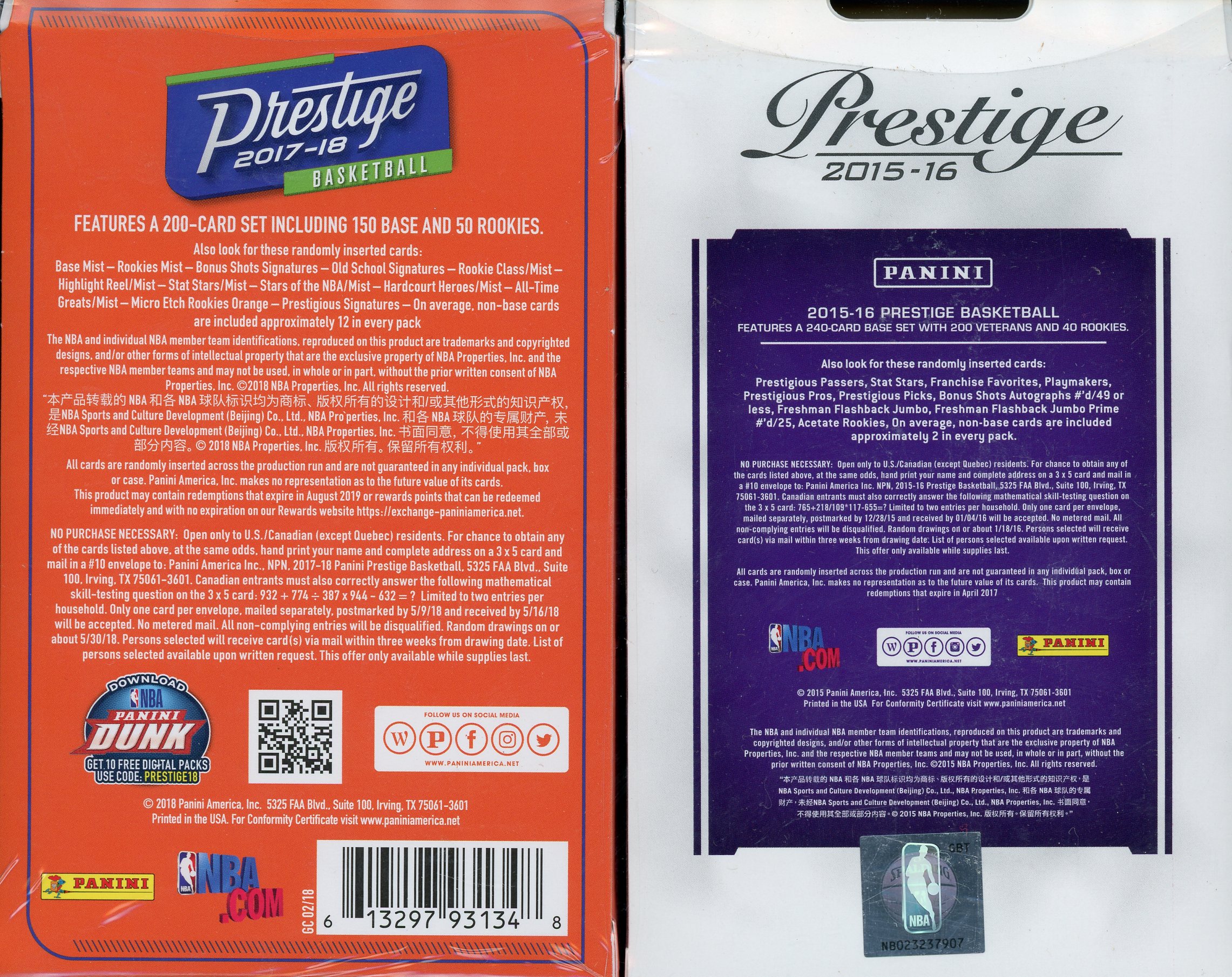 Lot of (2) Basketball Hanger Boxes with 2017-18 Panini Prestige & 2015-16 Panini Prestige at PristineAuction.com Lot of (2) Basketball Hanger Boxes with 2017-18 Panini Prestige & 2015-16 Panini Prestige at PristineAuction.com