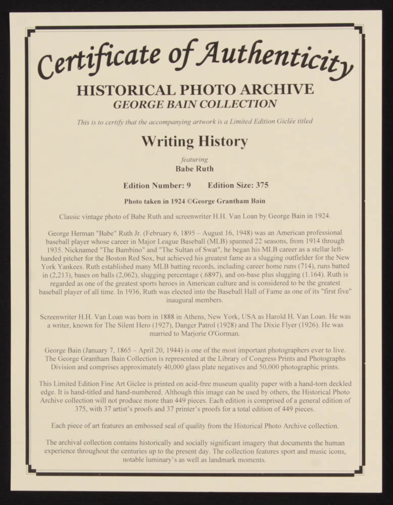 Babe Ruth Writing Historical Photo Archive - Babe Ruth