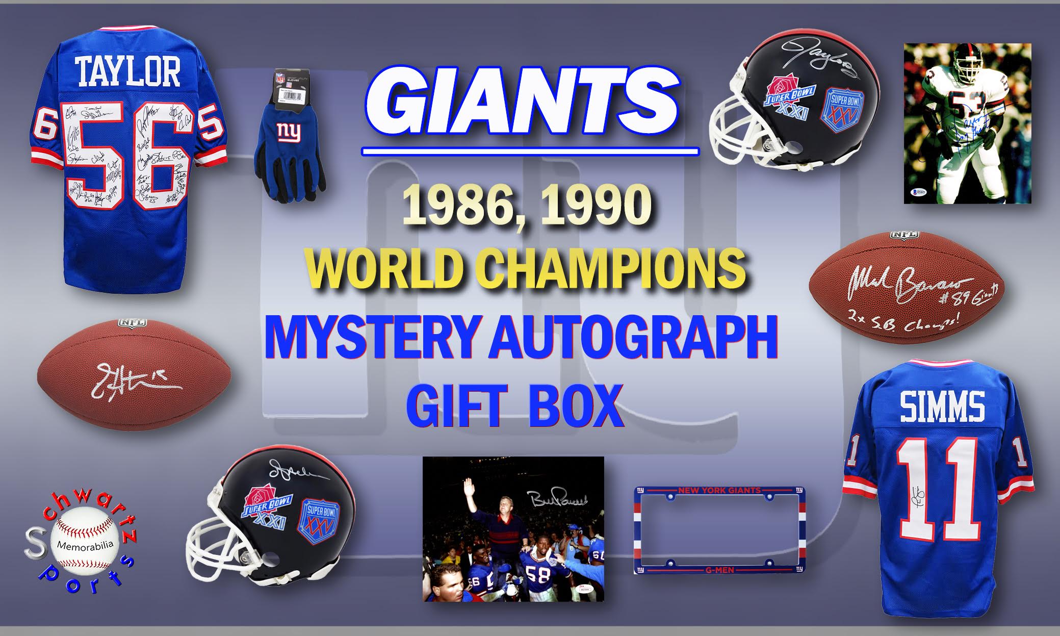 Schwartz Sports 1986, 1990 New York Giants World Champs Mystery Autograph Gift Box - Series 3 (Limited to 156) **Grand Prize TEAM Signed Jersey** at PristineAuction.com Schwartz Sports 1986, 1990 New York Giants World Champs Mystery Autograph Gift Box - Series 3 (Limited to 156) **Grand Prize TEAM Signed Jersey** at PristineAuction.com