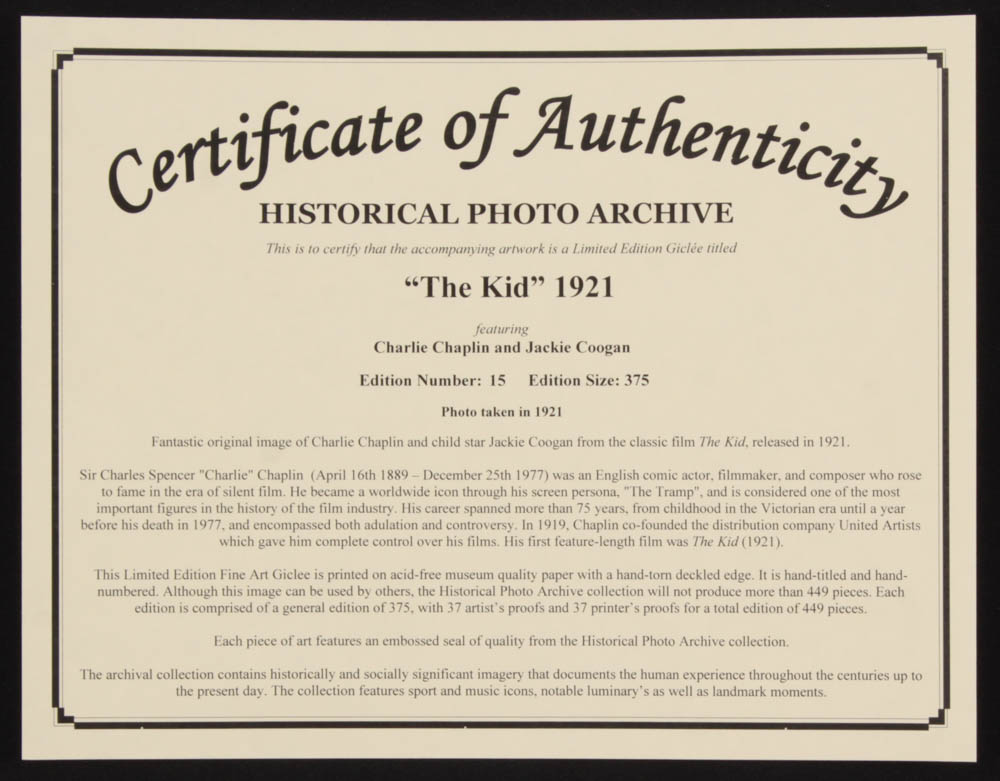Historical Photo Archive - Charlie Chaplin "The Kid" Limited Edition 16.5x22 Fine Art Giclee on Paper #15/375 (PA LOA) at PristineAuction.com Historical Photo Archive - Charlie Chaplin "The Kid" Limited Edition 16.5x22 Fine Art Giclee on Paper #15/375 (PA LOA) at PristineAuction.com