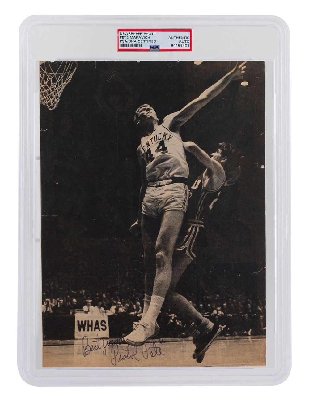 Pete Maravich LSU Tigers Signed Newspaper Photo Inscribed "Best Wishes" (PSA Encapsulated) at PristineAuction.com Pete Maravich LSU Tigers Signed Newspaper Photo Inscribed "Best Wishes" (PSA Encapsulated) at PristineAuction.com