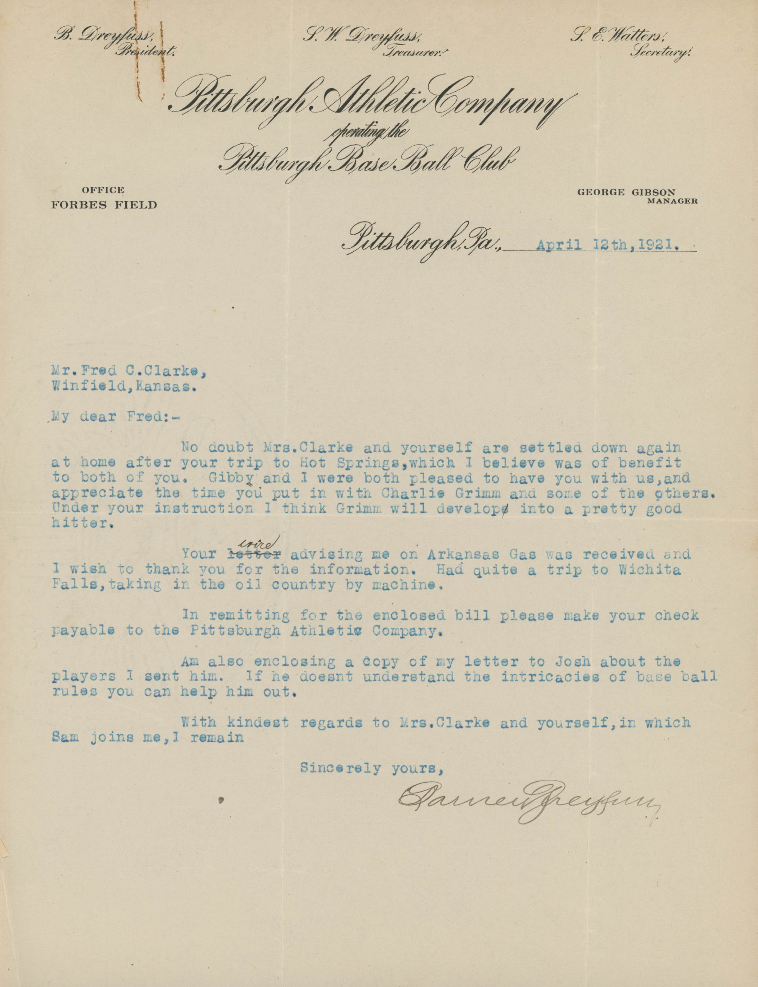 Barney Dreyfuss Signed 1921 Pittsburgh Atheletic Company Letter (JSA LOA) at PristineAuction.com Barney Dreyfuss Signed 1921 Pittsburgh Atheletic Company Letter (JSA LOA) at PristineAuction.com