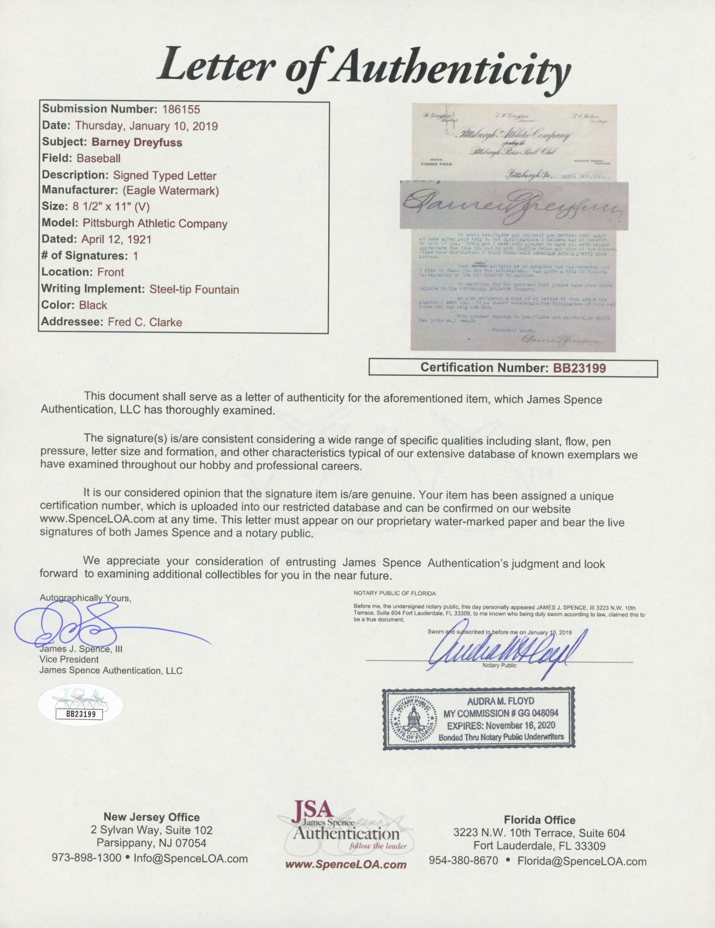 Barney Dreyfuss Signed 1921 Pittsburgh Atheletic Company Letter (JSA LOA) at PristineAuction.com Barney Dreyfuss Signed 1921 Pittsburgh Atheletic Company Letter (JSA LOA) at PristineAuction.com