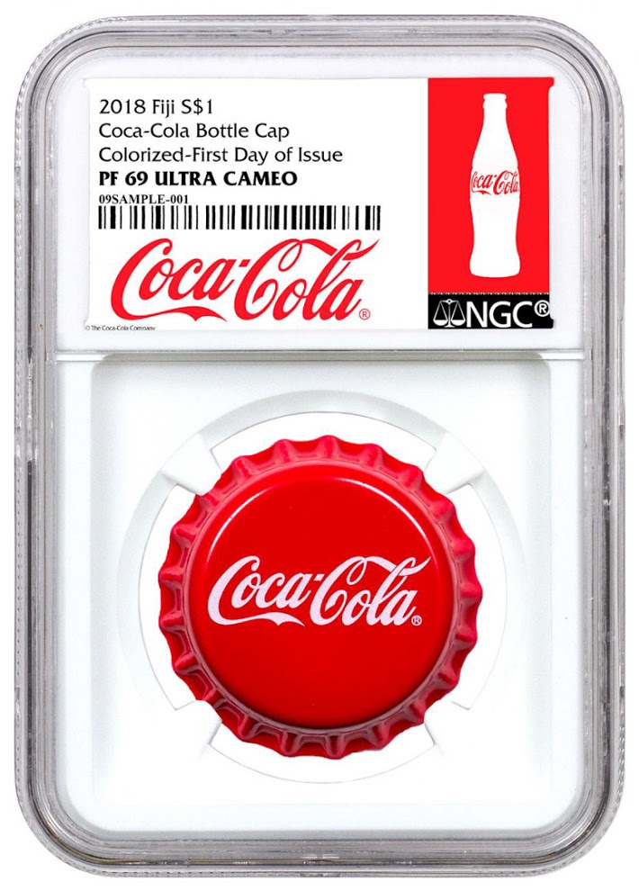 2018 Fiji Coca-Cola Bottle Cap-Shaped 6 gram Silver Colorized $1 Coin - Coca-Cola Label, First Day of Issue (NGC PF69 UC) at PristineAuction.com 2018 Fiji Coca-Cola Bottle Cap-Shaped 6 gram Silver Colorized $1 Coin - Coca-Cola Label, First Day of Issue (NGC PF69 UC) at PristineAuction.com
