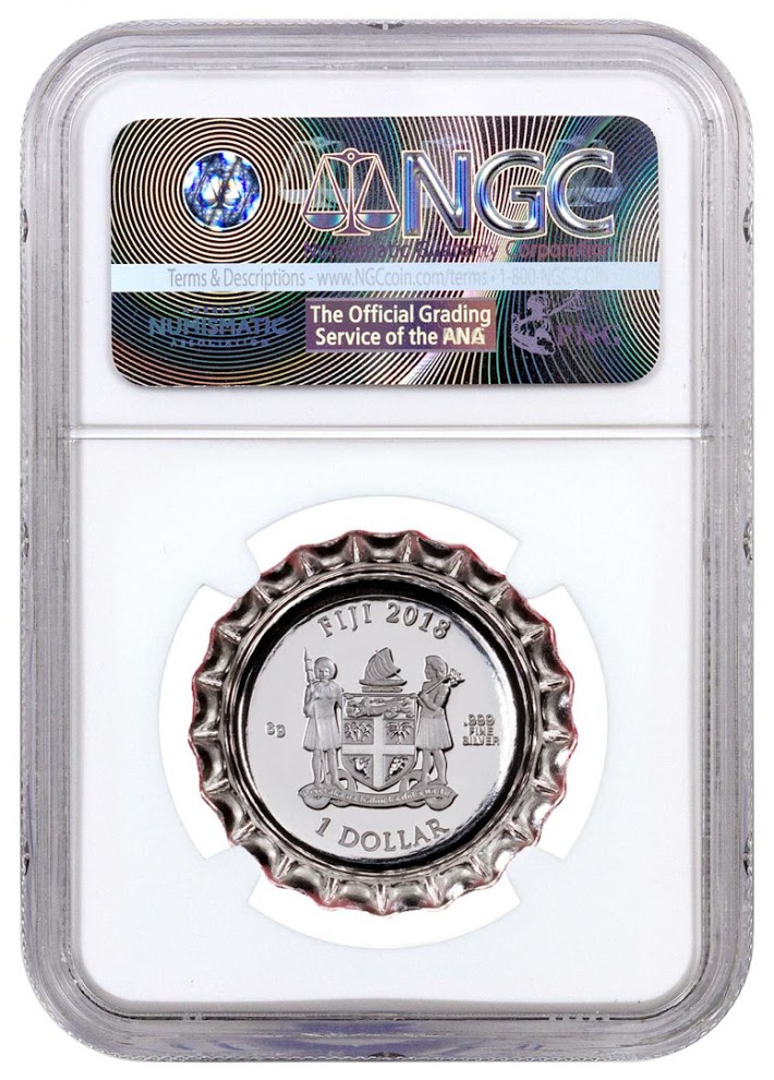 2018 Fiji Coca-Cola Bottle Cap-Shaped 6 gram Silver Colorized $1 Coin - Coca-Cola Label, First Day of Issue (NGC PF69 UC) at PristineAuction.com 2018 Fiji Coca-Cola Bottle Cap-Shaped 6 gram Silver Colorized $1 Coin - Coca-Cola Label, First Day of Issue (NGC PF69 UC) at PristineAuction.com