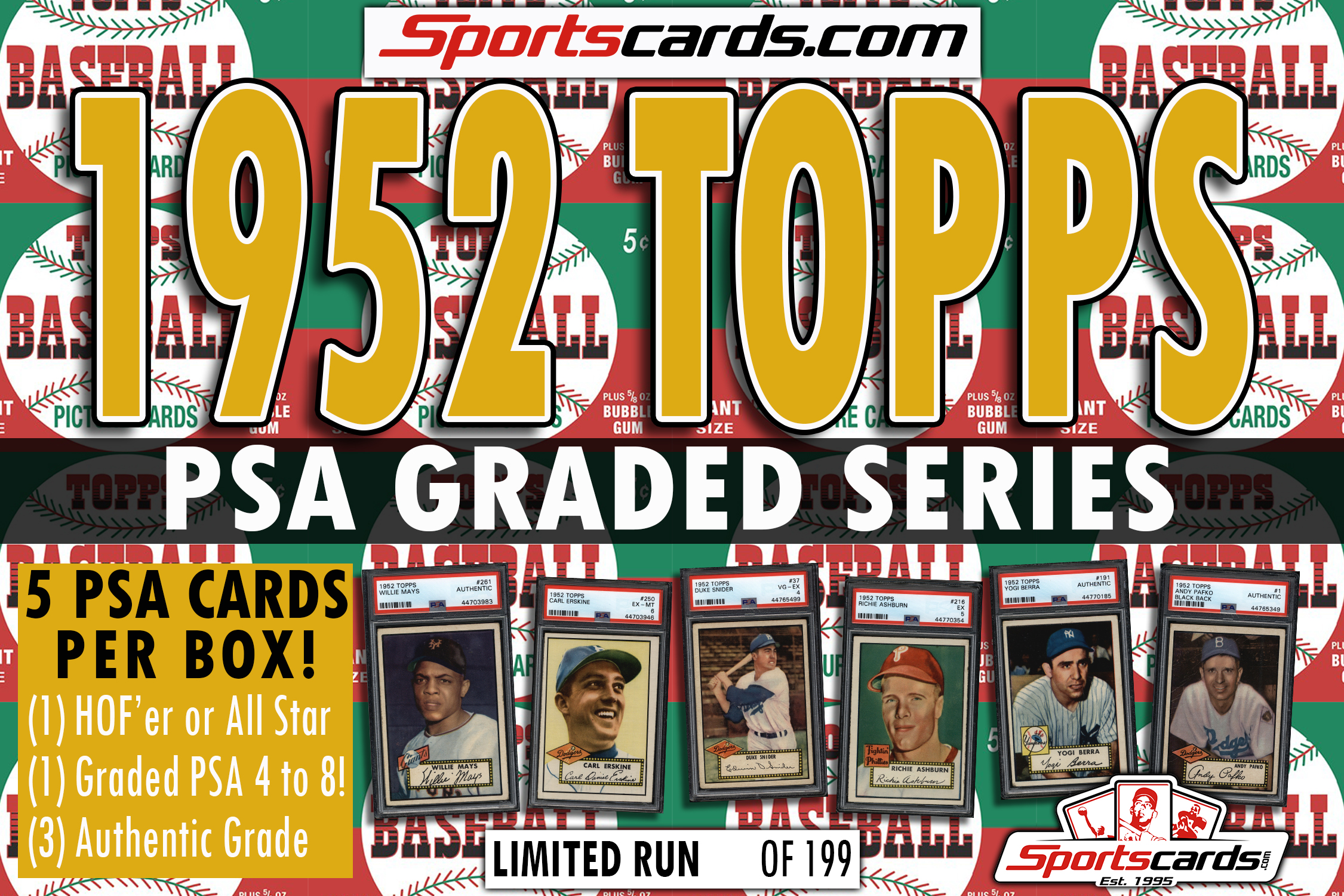 SportsCards.com 1952 Topps Baseball PSA Graded Series Mystery Box – 5 PSA Cards Per Box! at PristineAuction.com SportsCards.com 1952 Topps Baseball PSA Graded Series Mystery Box – 5 PSA Cards Per Box! at PristineAuction.com