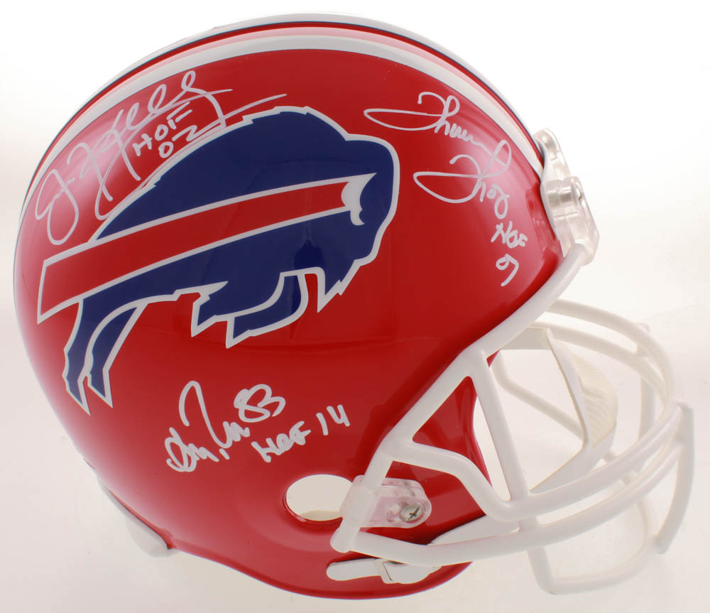 Jim Kelly, Thurman Thomas & Andre Reed Signed Bills Full-Size Throwback Helmet with (3) HOF Inscriptions (Beckett COA) at PristineAuction.com Jim Kelly, Thurman Thomas & Andre Reed Signed Bills Full-Size Throwback Helmet with (3) HOF Inscriptions (Beckett COA) at PristineAuction.com