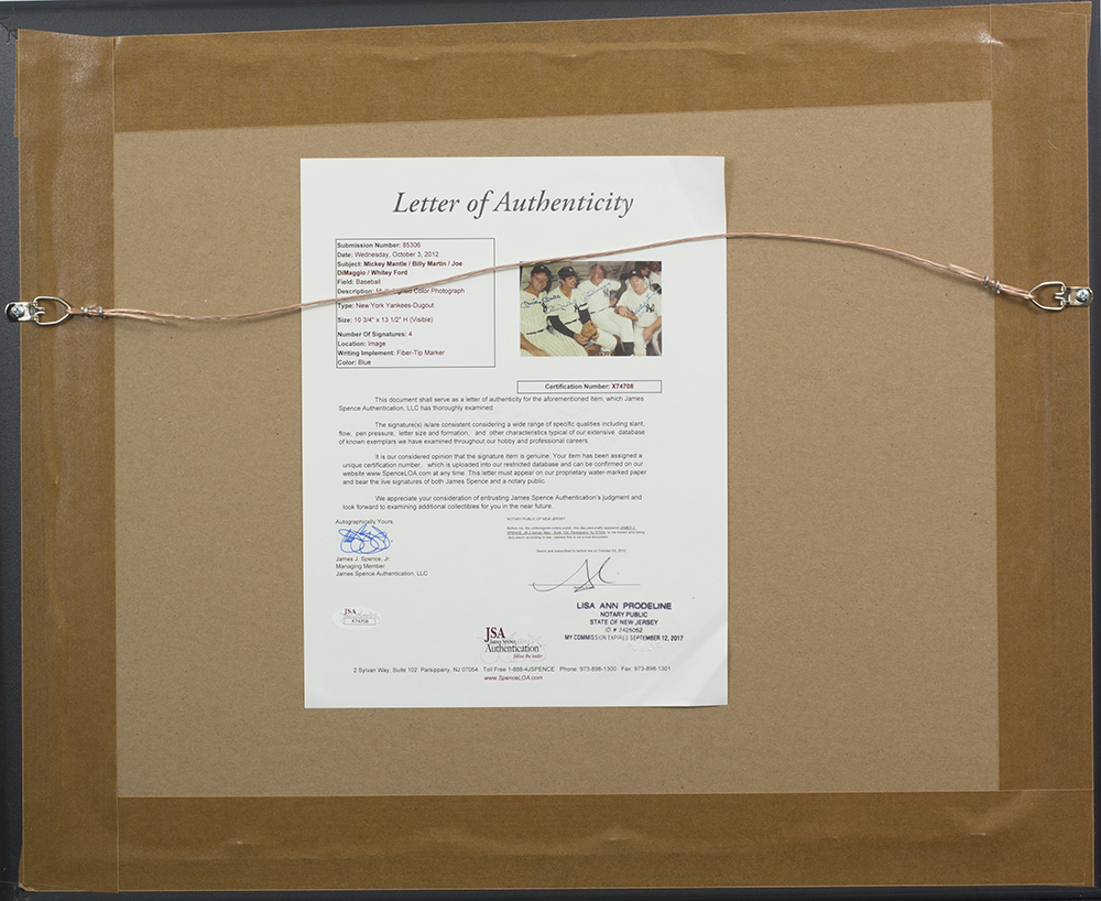 Yankees 16x20 Custom Framed Photo Display Signed by (4) with Mickey Mantle, Billy Martin, Joe DiMaggio & Whitey Ford (JSA LOA) at PristineAuction.com Yankees 16x20 Custom Framed Photo Display Signed by (4) with Mickey Mantle, Billy Martin, Joe DiMaggio & Whitey Ford (JSA LOA) at PristineAuction.com