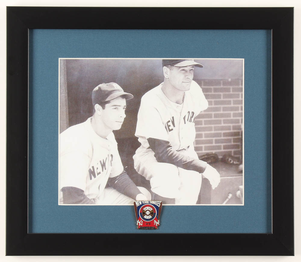 Joe DiMaggio & Lou Gehrig Yankees 13x15 Custom Framed Photo Display with 1936 World Series Pin at PristineAuction.com Joe DiMaggio & Lou Gehrig Yankees 13x15 Custom Framed Photo Display with 1936 World Series Pin at PristineAuction.com