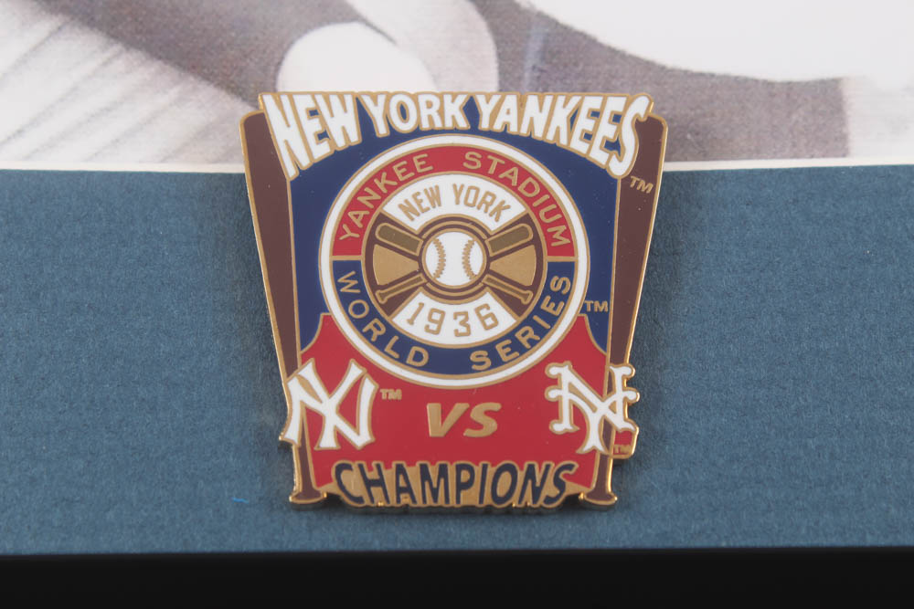 Joe DiMaggio & Lou Gehrig Yankees 13x15 Custom Framed Photo Display with 1936 World Series Pin at PristineAuction.com Joe DiMaggio & Lou Gehrig Yankees 13x15 Custom Framed Photo Display with 1936 World Series Pin at PristineAuction.com