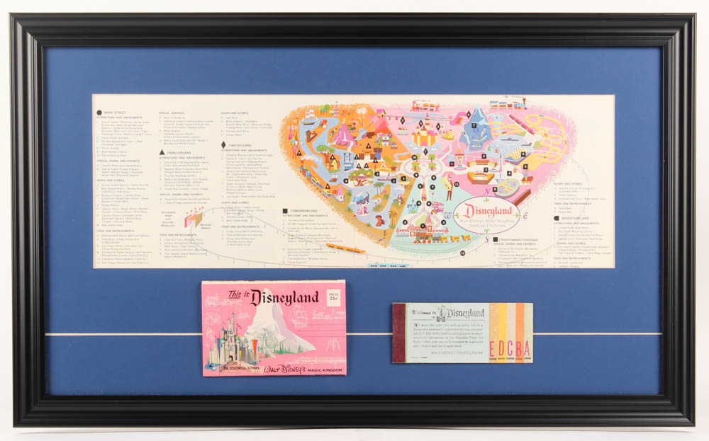 1964 Disneyland Map 17.5x29 Custom Framed Display With Postcard Packet & Ticket Book at PristineAuction.com 1964 Disneyland Map 17.5x29 Custom Framed Display With Postcard Packet & Ticket Book at PristineAuction.com
