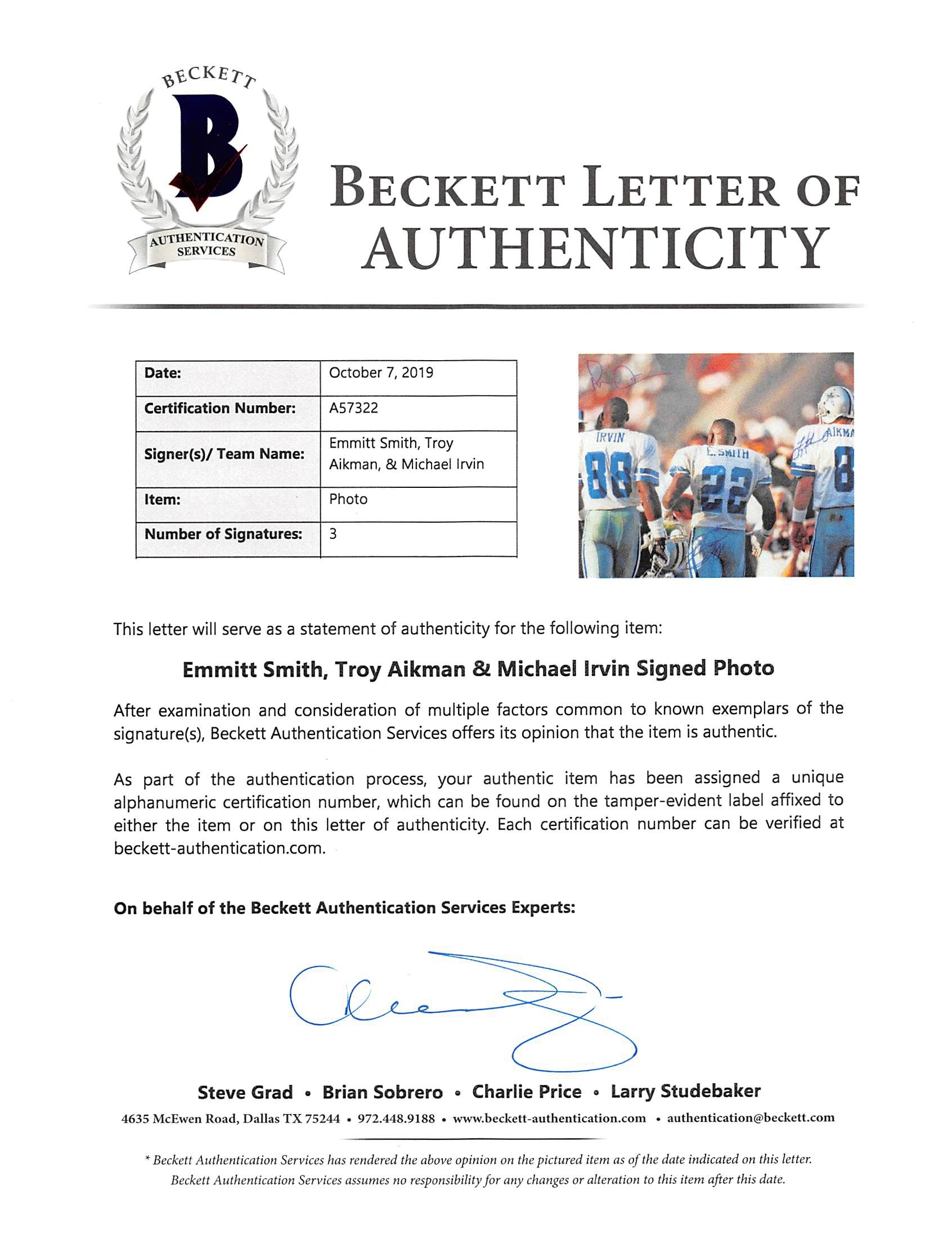 Emmitt Smith, Troy Aikman & Michael Irvin Signed Cowboys 16x20 Photo (Beckett LOA & PSA Hologram) at PristineAuction.com Emmitt Smith, Troy Aikman & Michael Irvin Signed Cowboys 16x20 Photo (Beckett LOA & PSA Hologram) at PristineAuction.com