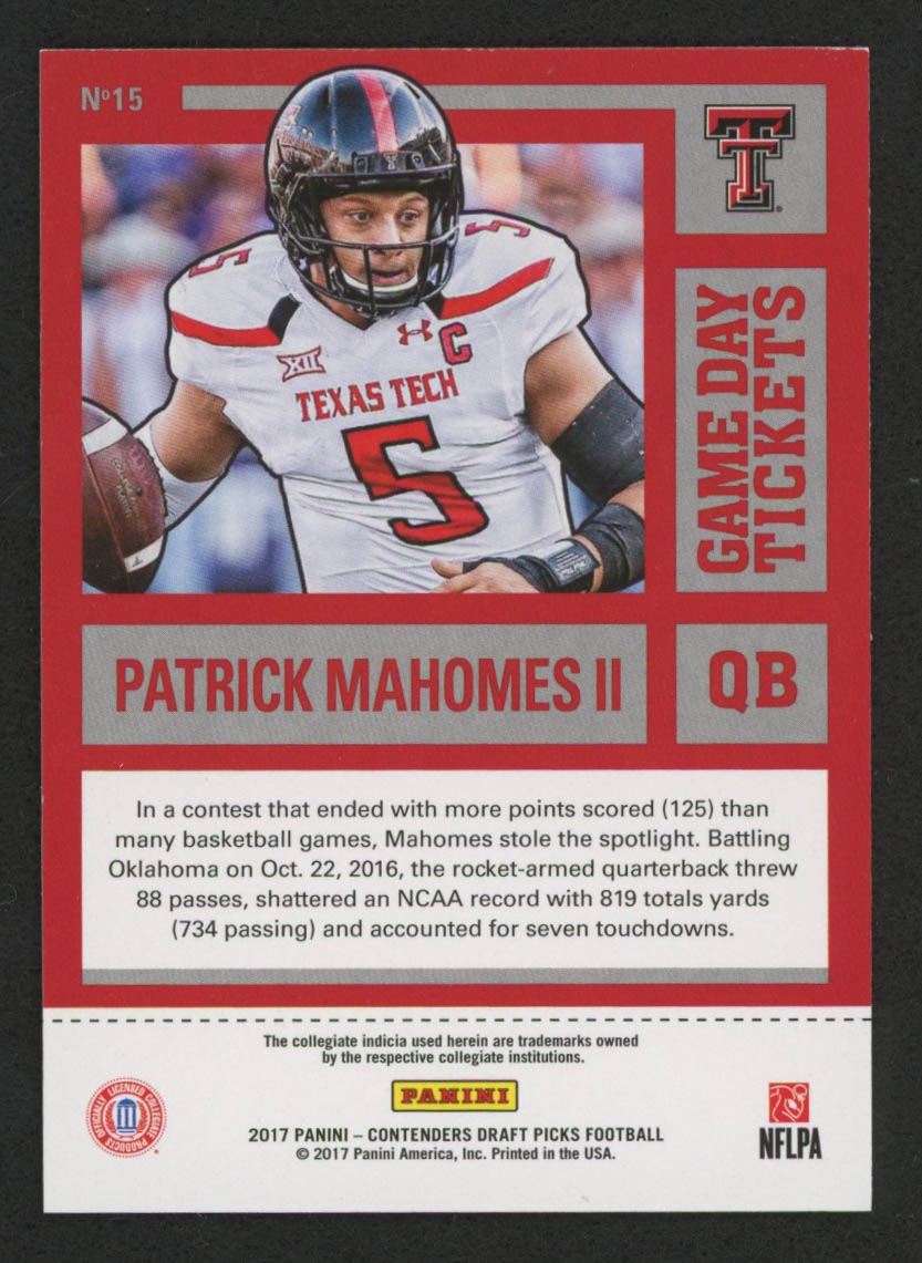 Patrick Mahomes II 2017 Panini Contenders Draft Picks Game Day Tickets #15 at PristineAuction.com Patrick Mahomes II 2017 Panini Contenders Draft Picks Game Day Tickets #15 at PristineAuction.com