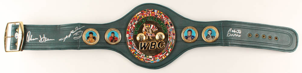 Roberto Duran, Thomas Hearns & Sugar Ray Leonard Signed WBC Full-Size Heavyweight Championship Belt (Beckett COA) at PristineAuction.com Roberto Duran, Thomas Hearns & Sugar Ray Leonard Signed WBC Full-Size Heavyweight Championship Belt (Beckett COA) at PristineAuction.com