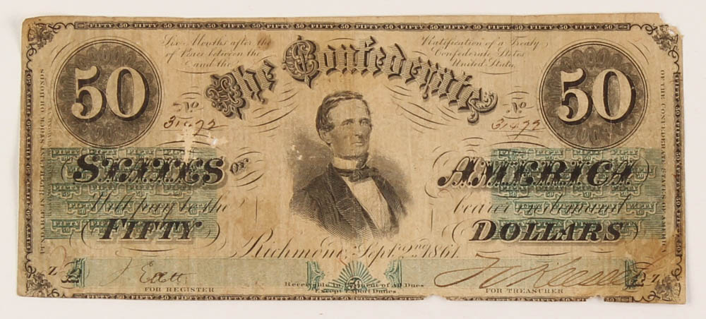 1861 $50 Fifty-Dollar Confederate States of America Richmond CSA Bank Note at PristineAuction.com 1861 $50 Fifty-Dollar Confederate States of America Richmond CSA Bank Note at PristineAuction.com