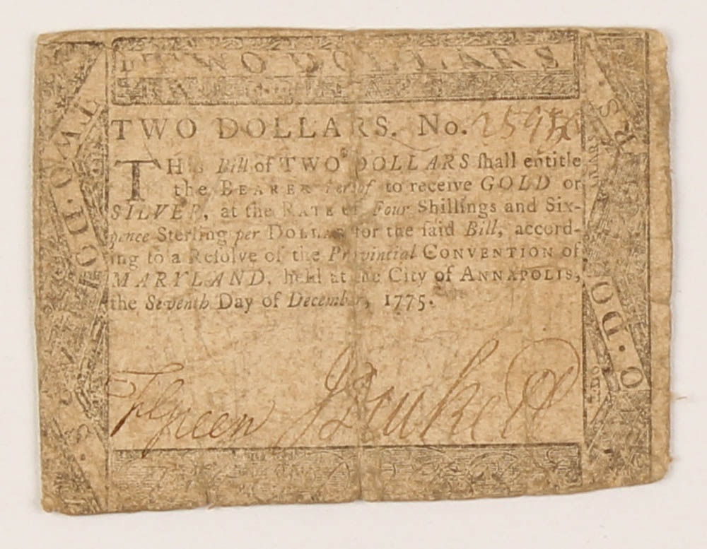 1775 $2 Two-Dollar - Maryland - Colonial Currency Note at PristineAuction.com 1775 $2 Two-Dollar - Maryland - Colonial Currency Note at PristineAuction.com