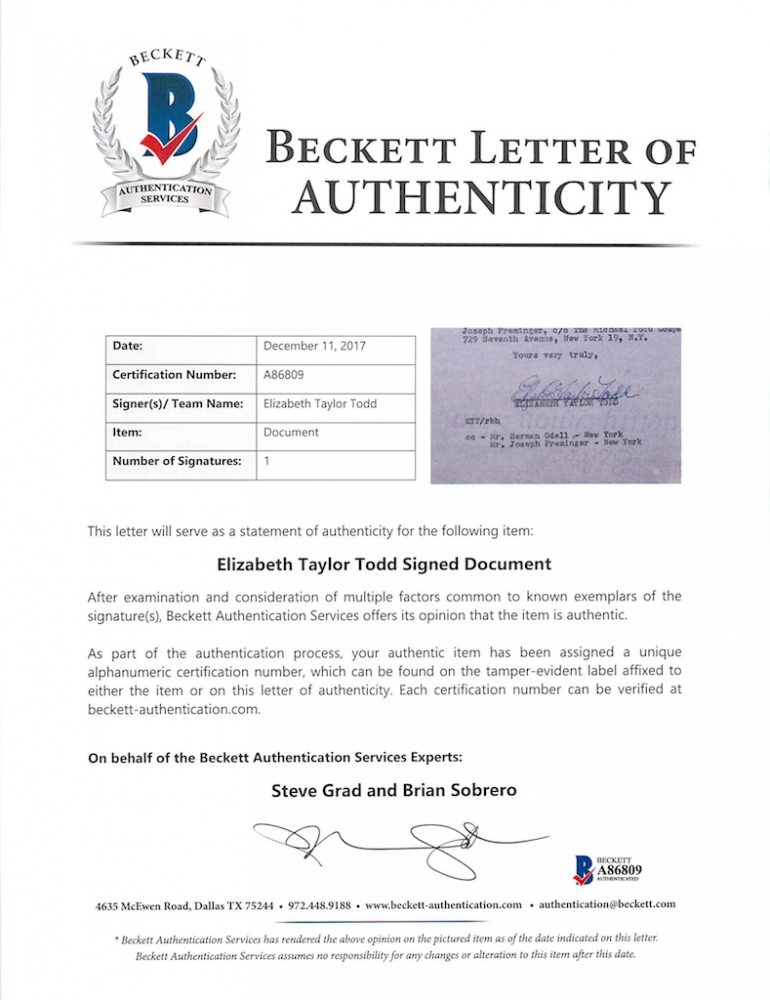 Authentic Letters Elizabeth Taylor Signed Authentic Letter (Beckett LOA) | Pristine Auction