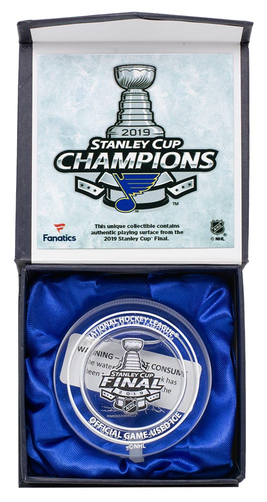 St. Louis Blues 2019 Stanley Cup Champions Crystal Puck with Authentic Game-Used Ice (Fanatics Hologram) at PristineAuction.com St. Louis Blues 2019 Stanley Cup Champions Crystal Puck with Authentic Game-Used Ice (Fanatics Hologram) at PristineAuction.com
