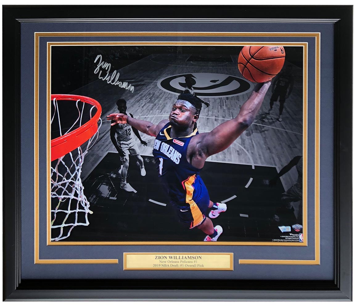 Zion Williamson Signed Pelicans 22x27 Custom Framed Photo Display (Fanatics Hologram) at PristineAuction.com Zion Williamson Signed Pelicans 22x27 Custom Framed Photo Display (Fanatics Hologram) at PristineAuction.com