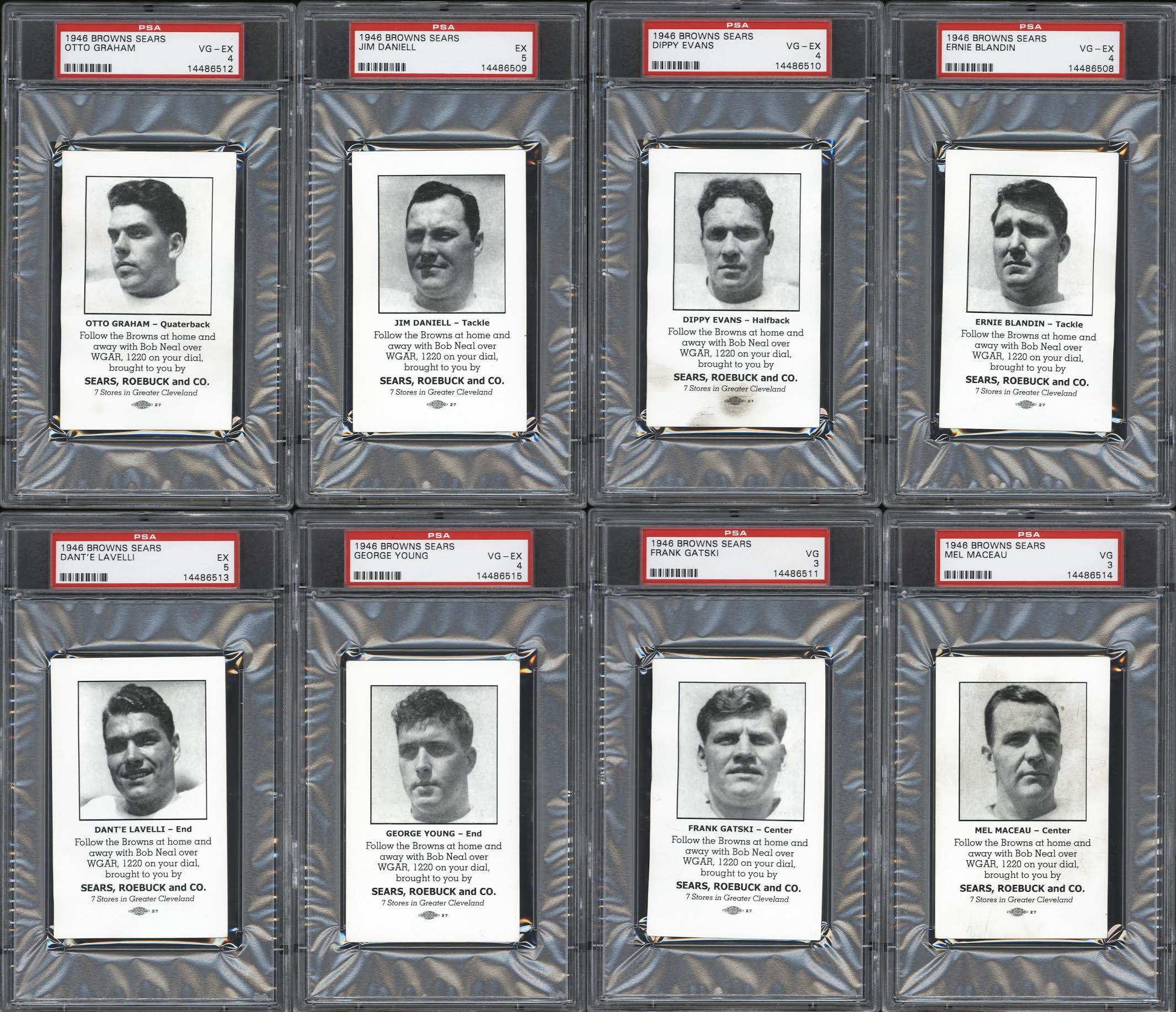 1946 Browns Sears Complete Set of (8) PSA Graded Football Cards with #5 Otto Graham (PSA 4), #2 Jim Daniell (PSA 5), #3 Fred Evans (PSA 4), #1 Ernie Blandin (PSA 4) at PristineAuction.com 1946 Browns Sears Complete Set of (8) PSA Graded Football Cards with #5 Otto Graham (PSA 4), #2 Jim Daniell (PSA 5), #3 Fred Evans (PSA 4), #1 Ernie Blandin (PSA 4) at PristineAuction.com