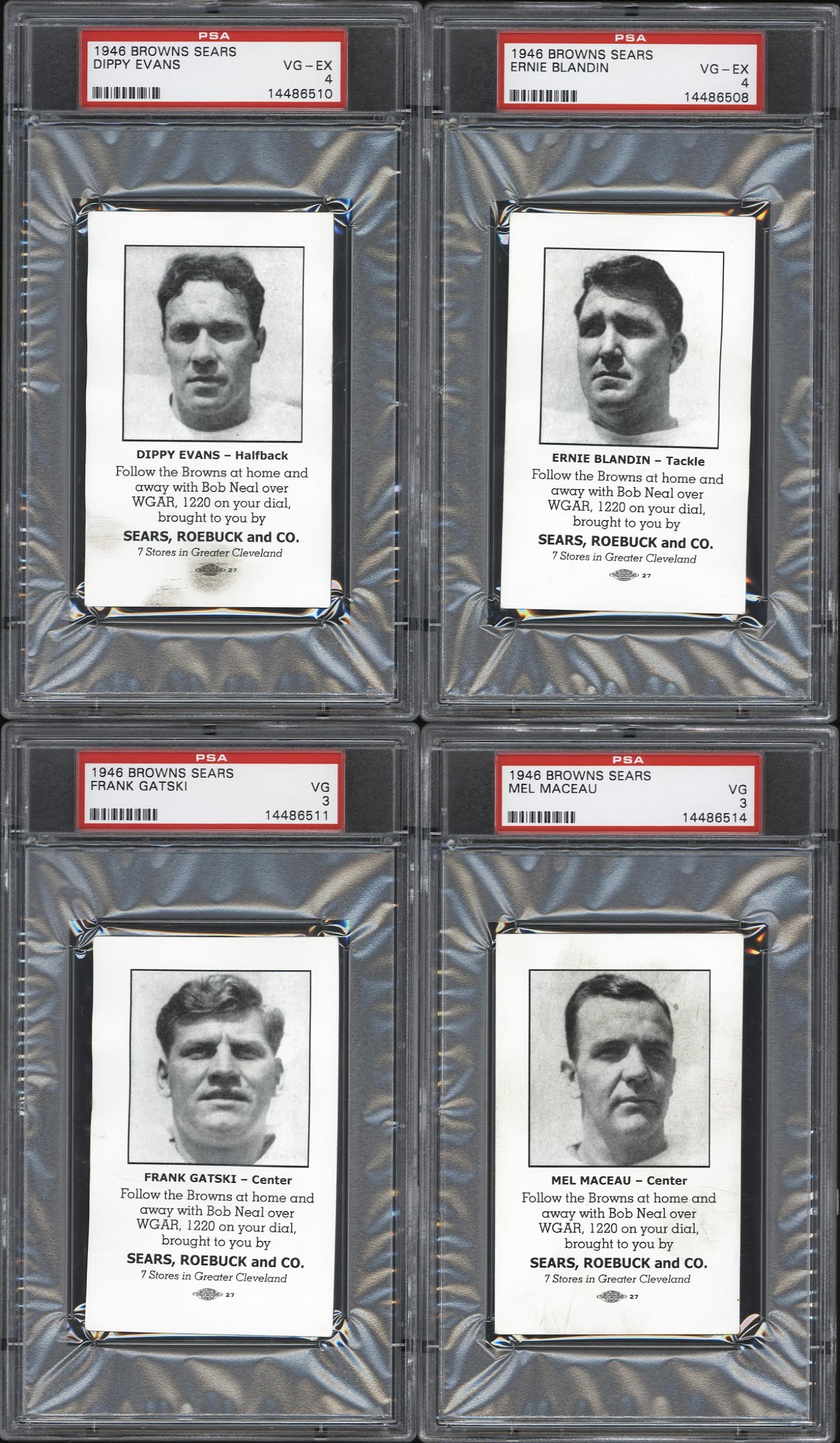 1946 Browns Sears Complete Set of (8) PSA Graded Football Cards with #5 Otto Graham (PSA 4), #2 Jim Daniell (PSA 5), #3 Fred Evans (PSA 4), #1 Ernie Blandin (PSA 4) at PristineAuction.com 1946 Browns Sears Complete Set of (8) PSA Graded Football Cards with #5 Otto Graham (PSA 4), #2 Jim Daniell (PSA 5), #3 Fred Evans (PSA 4), #1 Ernie Blandin (PSA 4) at PristineAuction.com