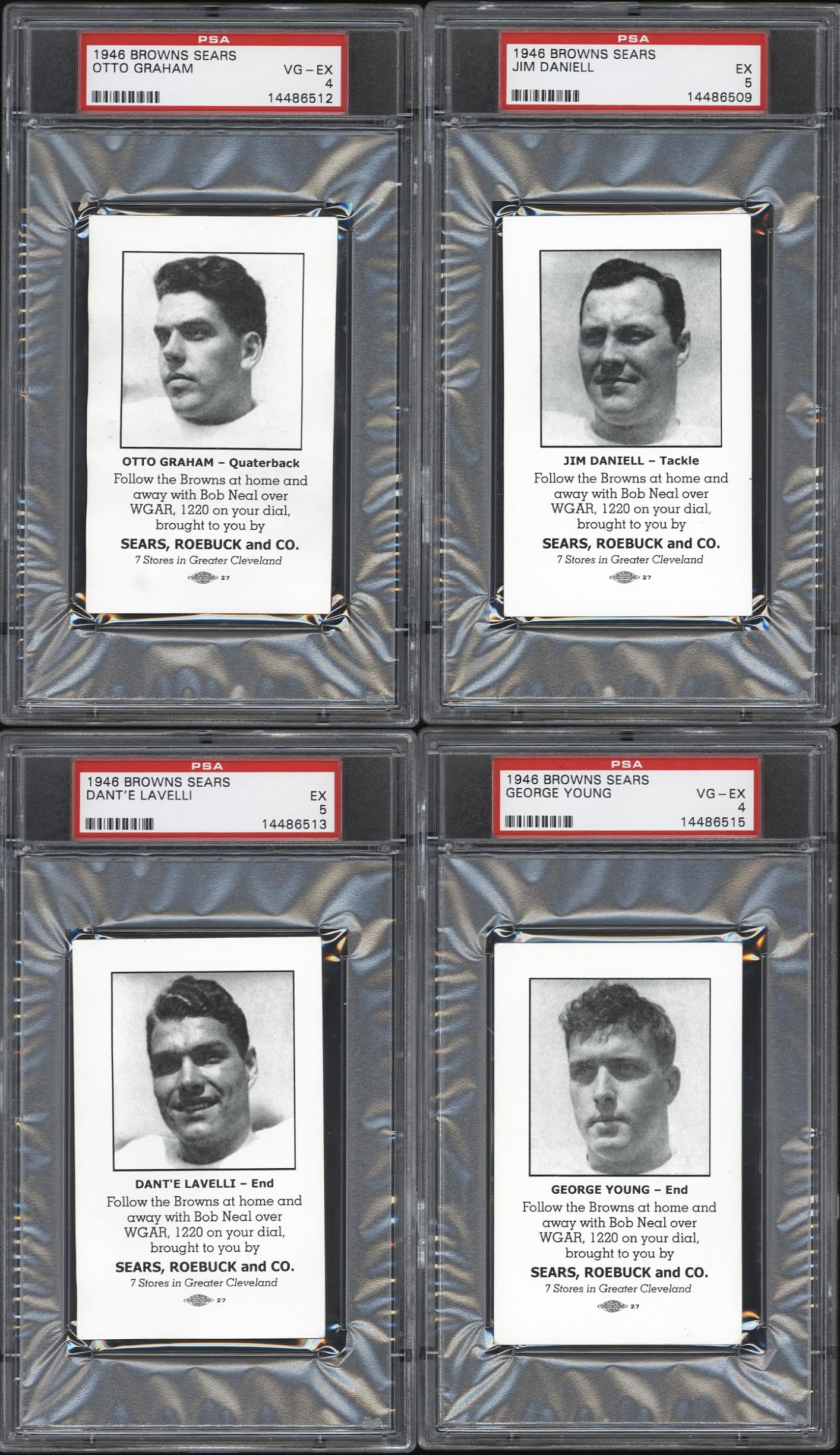 1946 Browns Sears Complete Set of (8) PSA Graded Football Cards with #5 Otto Graham (PSA 4), #2 Jim Daniell (PSA 5), #3 Fred Evans (PSA 4), #1 Ernie Blandin (PSA 4) at PristineAuction.com 1946 Browns Sears Complete Set of (8) PSA Graded Football Cards with #5 Otto Graham (PSA 4), #2 Jim Daniell (PSA 5), #3 Fred Evans (PSA 4), #1 Ernie Blandin (PSA 4) at PristineAuction.com