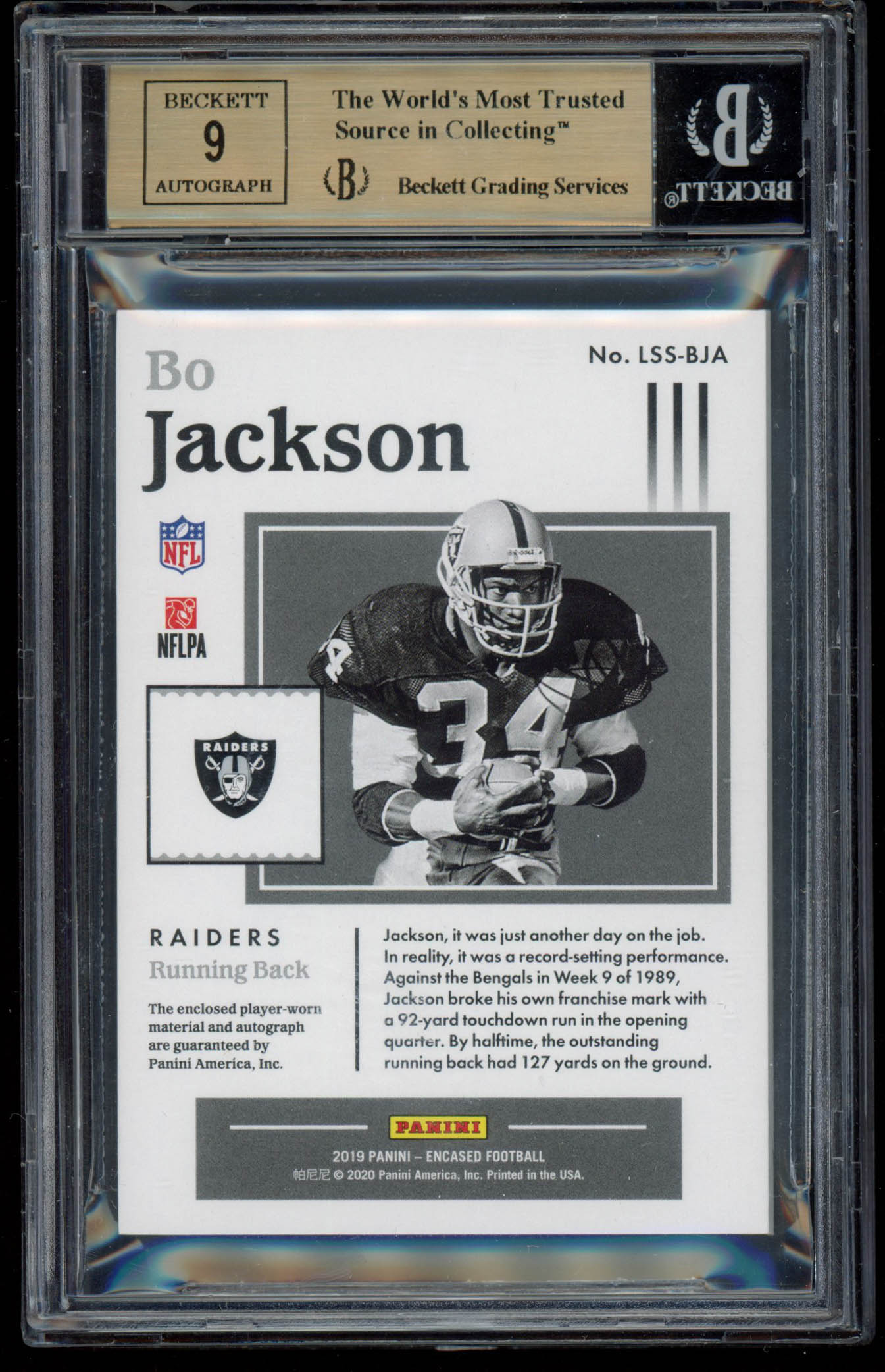 Bo Jackson 2019 Panini Encased Legendary Swatch Signatures #6 (BGS 9.5) at PristineAuction.com Bo Jackson 2019 Panini Encased Legendary Swatch Signatures #6 (BGS 9.5) at PristineAuction.com