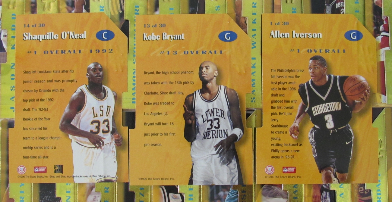 Complete Set of (30) 1996 Score Board Rookie Die Cuts Basketball Cards with #13 Kobe Bryant, #1 Allen Iverson, #14 Shaquille O'Neal at PristineAuction.com Complete Set of (30) 1996 Score Board Rookie Die Cuts Basketball Cards with #13 Kobe Bryant, #1 Allen Iverson, #14 Shaquille O'Neal at PristineAuction.com