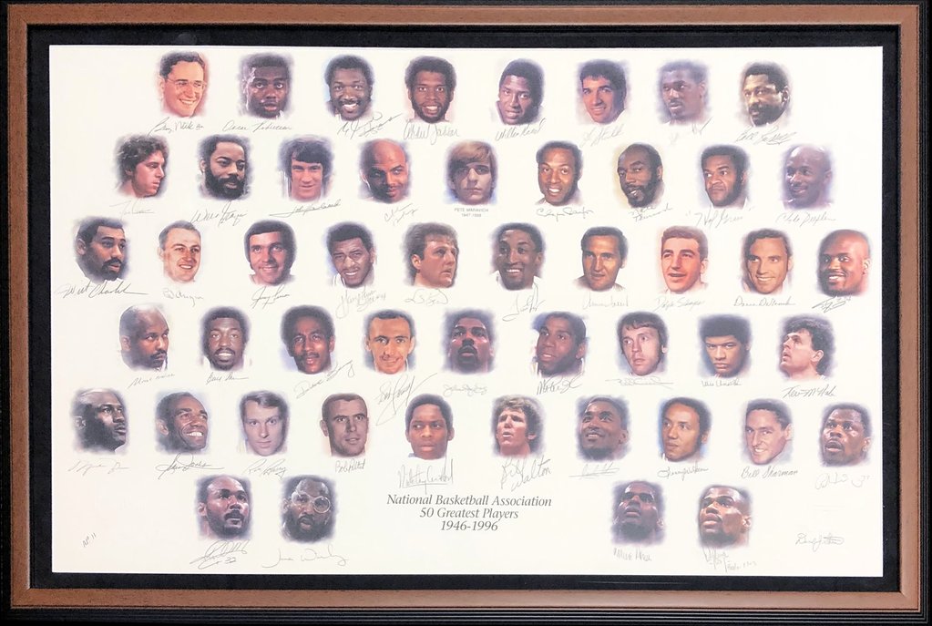 "NBA 49 Greatest Players" 28x43 Custom Framed AP Lithograph Signed by (50) with Michael Jordan, Shaquille O'Neal, Wilt Chamberlain, Larry Bird, Bill Russell, Patrick Ewing, Kareem Abdul-Jabbar (JSA LOA) at PristineAuction.com "NBA 49 Greatest Players" 28x43 Custom Framed AP Lithograph Signed by (50) with Michael Jordan, Shaquille O'Neal, Wilt Chamberlain, Larry Bird, Bill Russell, Patrick Ewing, Kareem Abdul-Jabbar (JSA LOA) at PristineAuction.com