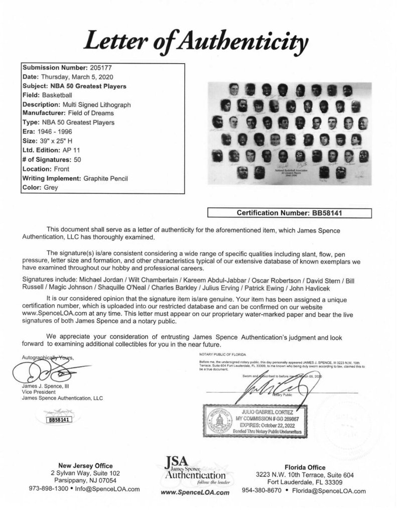 "NBA 49 Greatest Players" 28x43 Custom Framed AP Lithograph Signed by (50) with Michael Jordan, Shaquille O'Neal, Wilt Chamberlain, Larry Bird, Bill Russell, Patrick Ewing, Kareem Abdul-Jabbar (JSA LOA) at PristineAuction.com "NBA 49 Greatest Players" 28x43 Custom Framed AP Lithograph Signed by (50) with Michael Jordan, Shaquille O'Neal, Wilt Chamberlain, Larry Bird, Bill Russell, Patrick Ewing, Kareem Abdul-Jabbar (JSA LOA) at PristineAuction.com