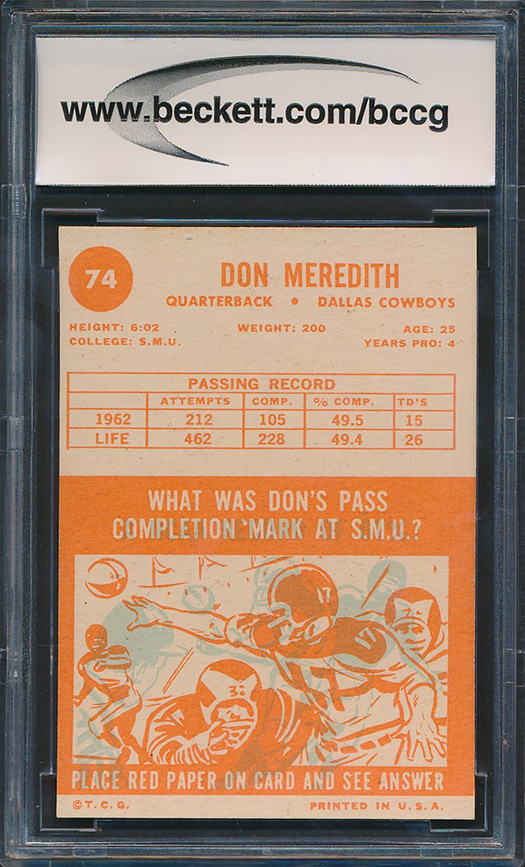 Don Meredith 1963 Topps #74 SP (BCCG 9) at PristineAuction.com Don Meredith 1963 Topps #74 SP (BCCG 9) at PristineAuction.com