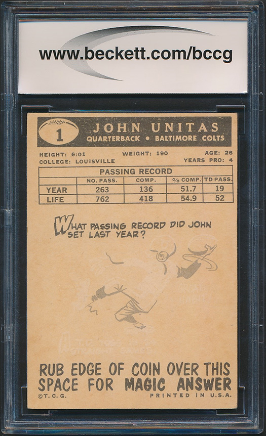Johnny Unitas 1959 Topps #1 (BCCG 7) at PristineAuction.com Johnny Unitas 1959 Topps #1 (BCCG 7) at PristineAuction.com