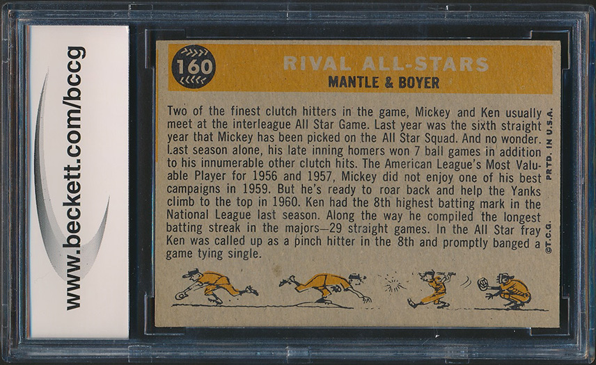 1960 Topps #160 Rival All-Stars / Mickey Mantle / Ken Boyer (BCCG 9) at PristineAuction.com 1960 Topps #160 Rival All-Stars / Mickey Mantle / Ken Boyer (BCCG 9) at PristineAuction.com