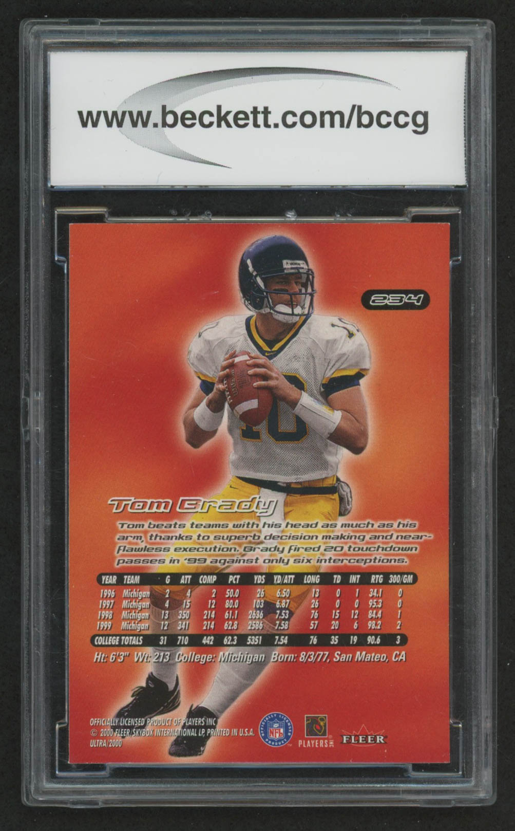 2000 Ultra #234 Tom Brady RC (BCCG 10) at PristineAuction.com 2000 Ultra #234 Tom Brady RC (BCCG 10) at PristineAuction.com