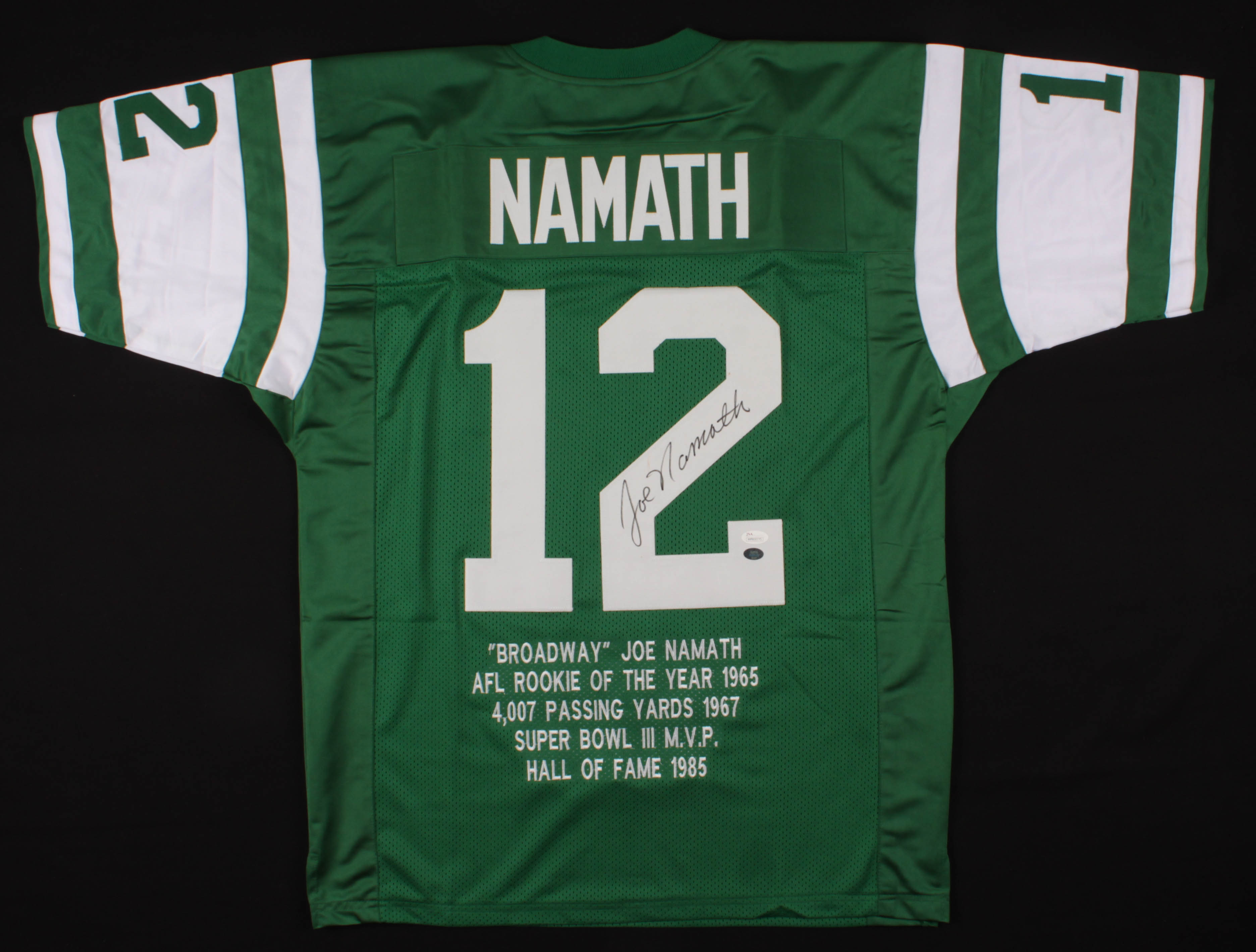 Joe Namath Signed Career Highlight Stat Jersey (JSA COA) at PristineAuction.com Joe Namath Signed Career Highlight Stat Jersey (JSA COA) at PristineAuction.com