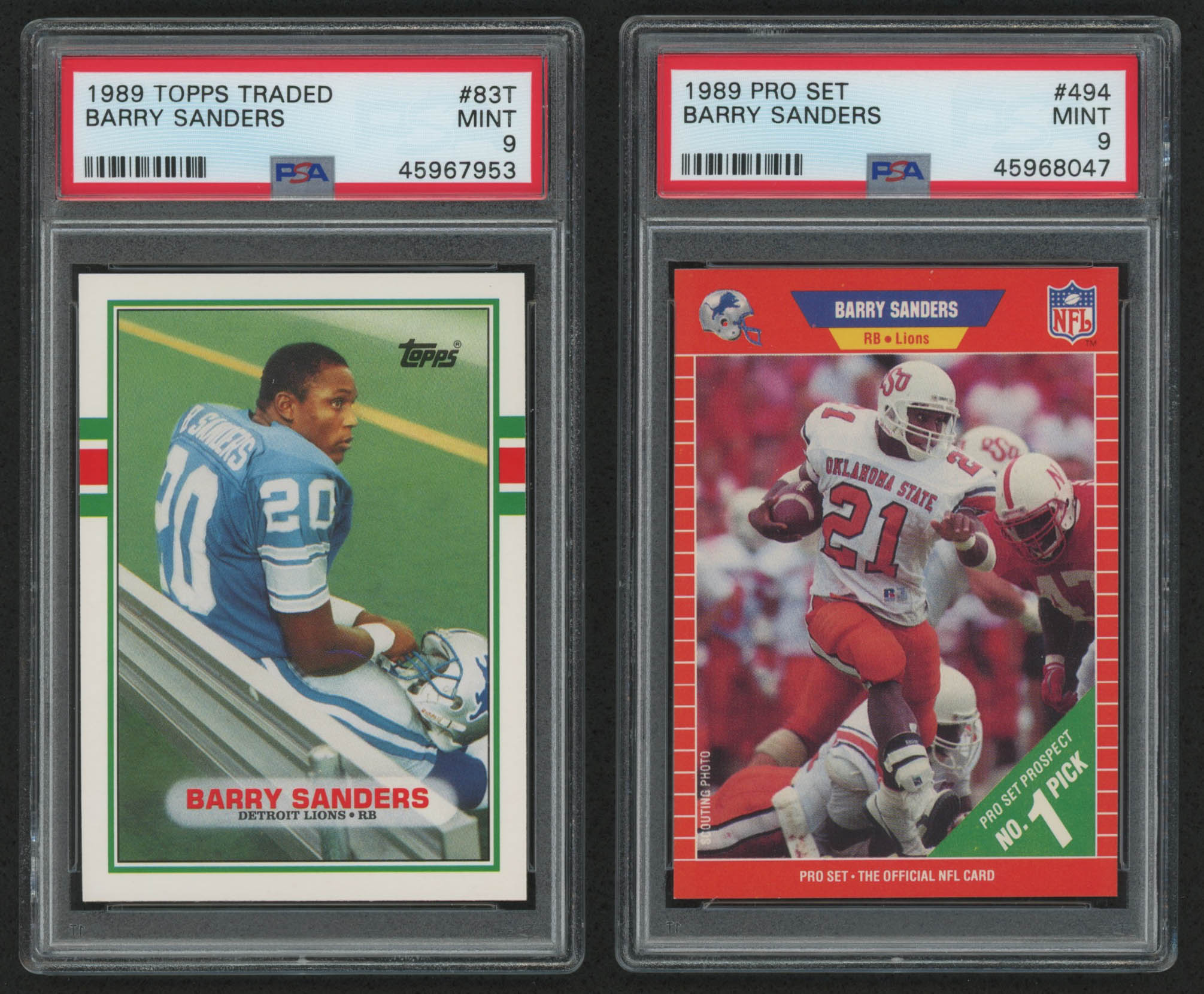 Lot of (2) Barry Sanders PSA Graded 9 Football Cards with 1989 Pro Set #494 RC & 1989 Topps Traded #83T RC at PristineAuction.com Lot of (2) Barry Sanders PSA Graded 9 Football Cards with 1989 Pro Set #494 RC & 1989 Topps Traded #83T RC at PristineAuction.com