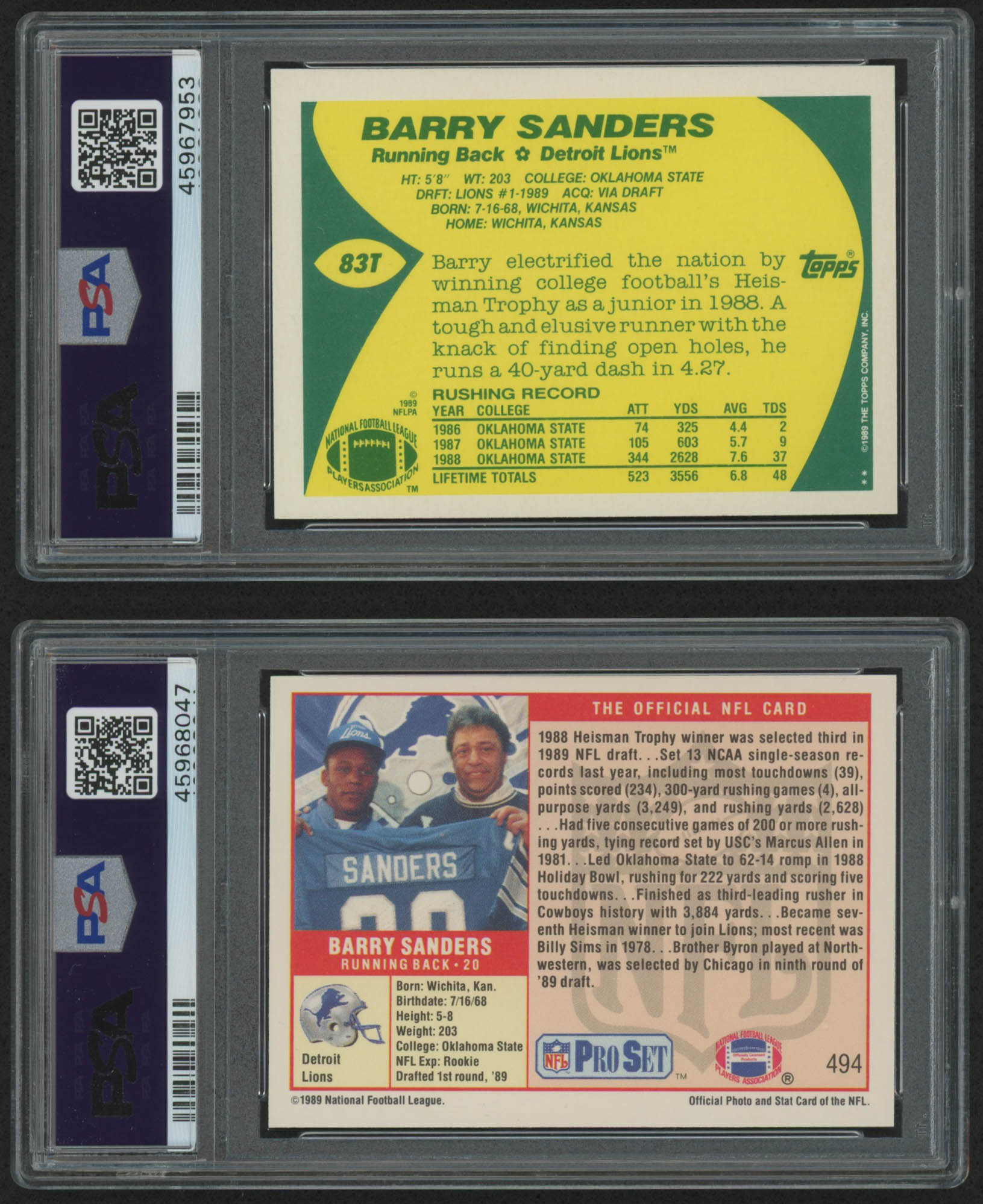 Lot of (2) Barry Sanders PSA Graded 9 Football Cards with 1989 Pro Set #494 RC & 1989 Topps Traded #83T RC at PristineAuction.com Lot of (2) Barry Sanders PSA Graded 9 Football Cards with 1989 Pro Set #494 RC & 1989 Topps Traded #83T RC at PristineAuction.com