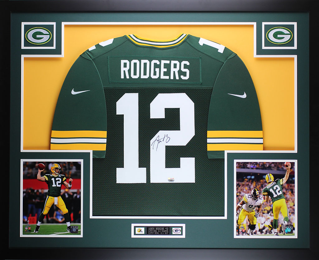 Aaron Rodgers Signed Packers 35x43 Custom Framed Jersey (Fanatics Hologram) at PristineAuction.com Aaron Rodgers Signed Packers 35x43 Custom Framed Jersey (Fanatics Hologram) at PristineAuction.com
