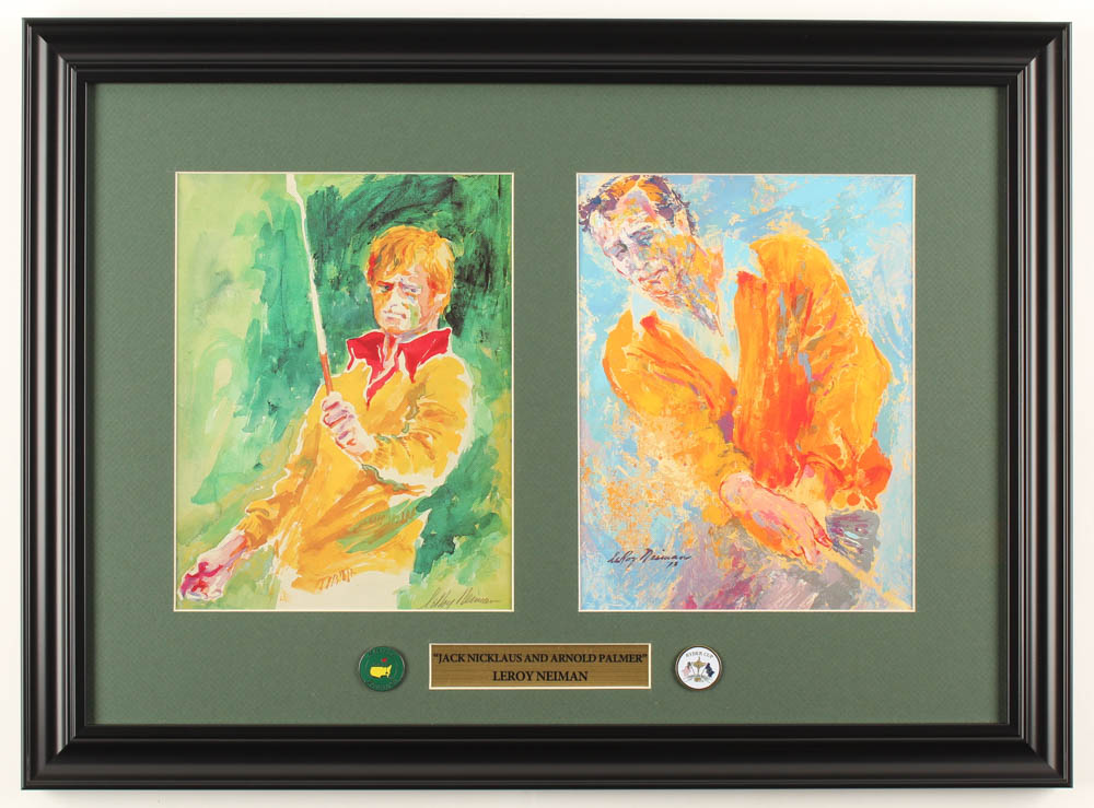 Leroy Neiman "Jack Nicklaus and Arnold Palmer" 16.5x22.5 Custom Framed Set of (2) Matching Prints Display With Official Masters Cup Pin & Official Ryder Cup Pin at PristineAuction.com Leroy Neiman "Jack Nicklaus and Arnold Palmer" 16.5x22.5 Custom Framed Set of (2) Matching Prints Display With Official Masters Cup Pin & Official Ryder Cup Pin at PristineAuction.com