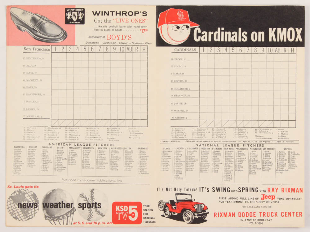 1967 St. Louis Cardinals Scorecard at PristineAuction.com 1967 St. Louis Cardinals Scorecard at PristineAuction.com