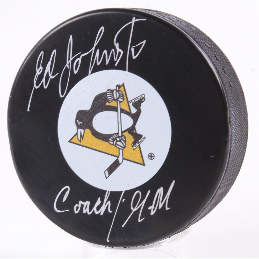 Eddie Johnston Signed Penguins Logo Hockey Puck Inscribed 