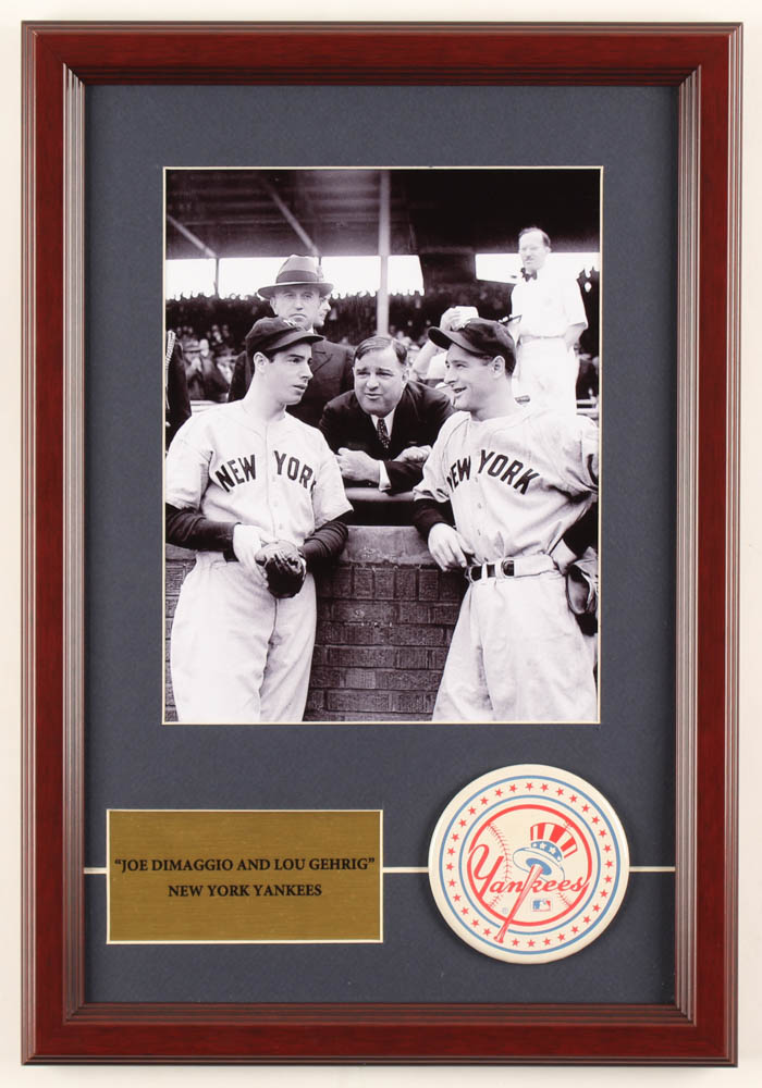 Joe DiMaggio & Lou Gehrig Yankees 12x17.5 Custom Framed Photo Display with Vintage Yankees Pin Back at PristineAuction.com Joe DiMaggio & Lou Gehrig Yankees 12x17.5 Custom Framed Photo Display with Vintage Yankees Pin Back at PristineAuction.com
