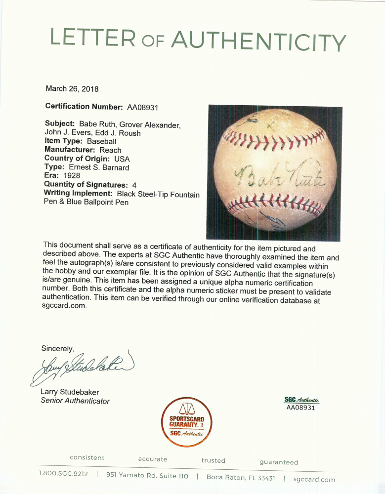 Vintage HallofFamers Baseball Signed by (4) with Babe Ruth, Grover