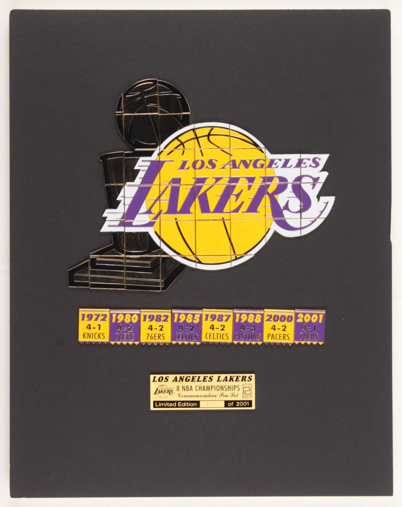 Lakers LE 11x14 Custom Matted Commemorative Pin Set Display with (41) Individual Pins at PristineAuction.com Lakers LE 11x14 Custom Matted Commemorative Pin Set Display with (41) Individual Pins at PristineAuction.com