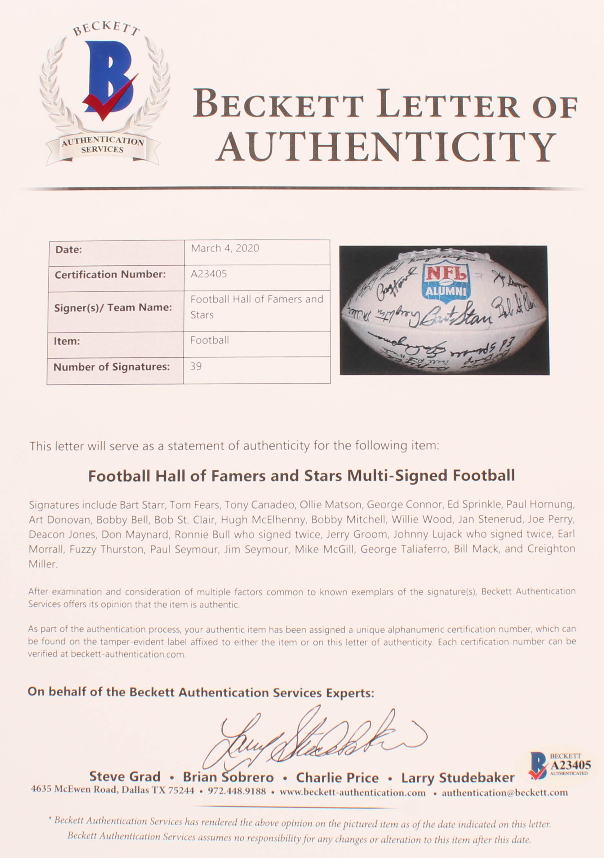 NFL Alumni Logo Football Signed By (39) With Bart Starr, Tom Fears, Bobby Bell, Paul Hornung, Deacon Jones (Beckett LOA) at PristineAuction.com NFL Alumni Logo Football Signed By (39) With Bart Starr, Tom Fears, Bobby Bell, Paul Hornung, Deacon Jones (Beckett LOA) at PristineAuction.com