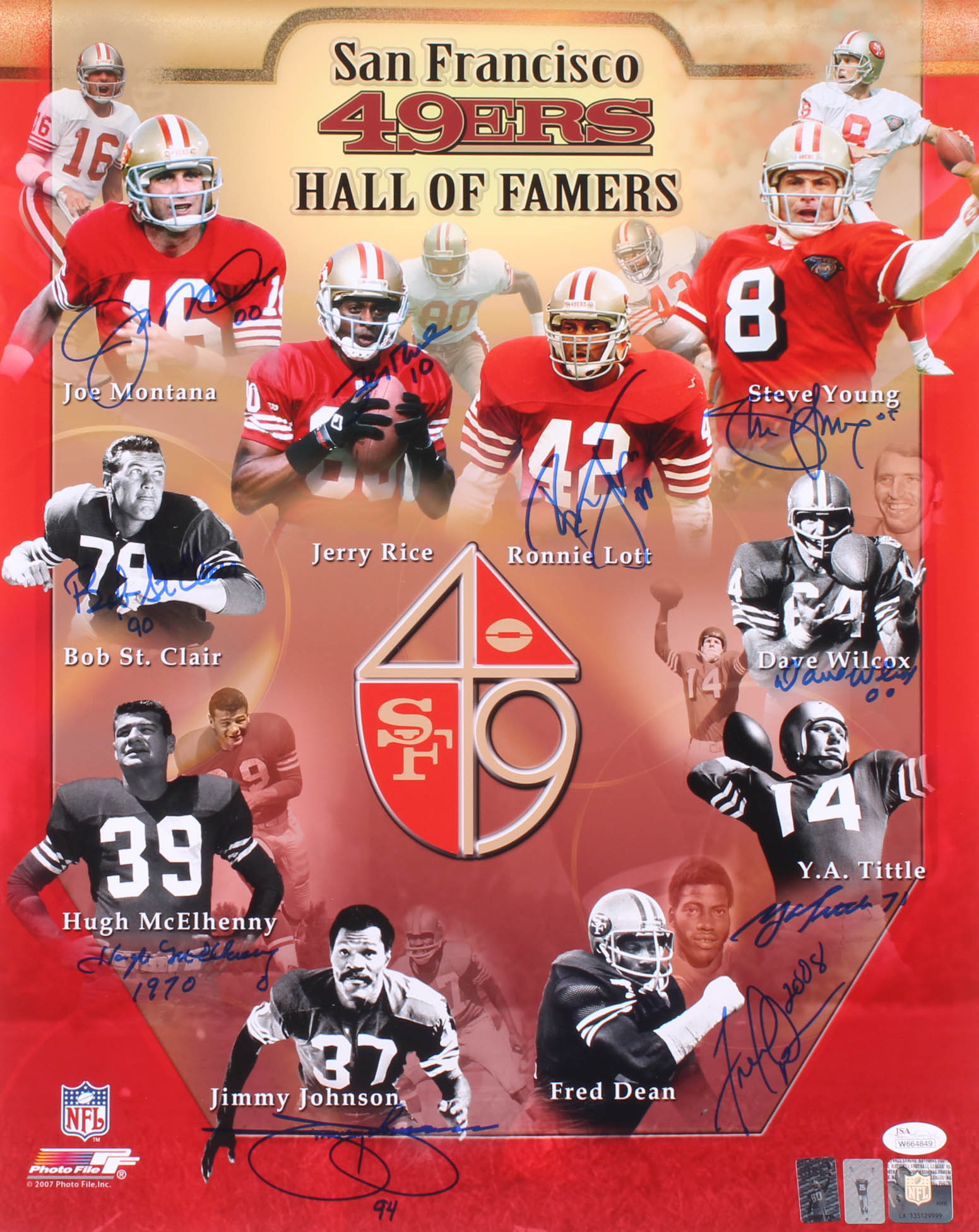 49ers Hall of Famers 16x20 Photo Team-Signed by (10) with Joe Montana, Jerry Rice, Ronnie Lott, Steve Young With Multiple Inscriptions (JSA, Montana & Rice) at PristineAuction.com 49ers Hall of Famers 16x20 Photo Team-Signed by (10) with Joe Montana, Jerry Rice, Ronnie Lott, Steve Young With Multiple Inscriptions (JSA, Montana & Rice) at PristineAuction.com