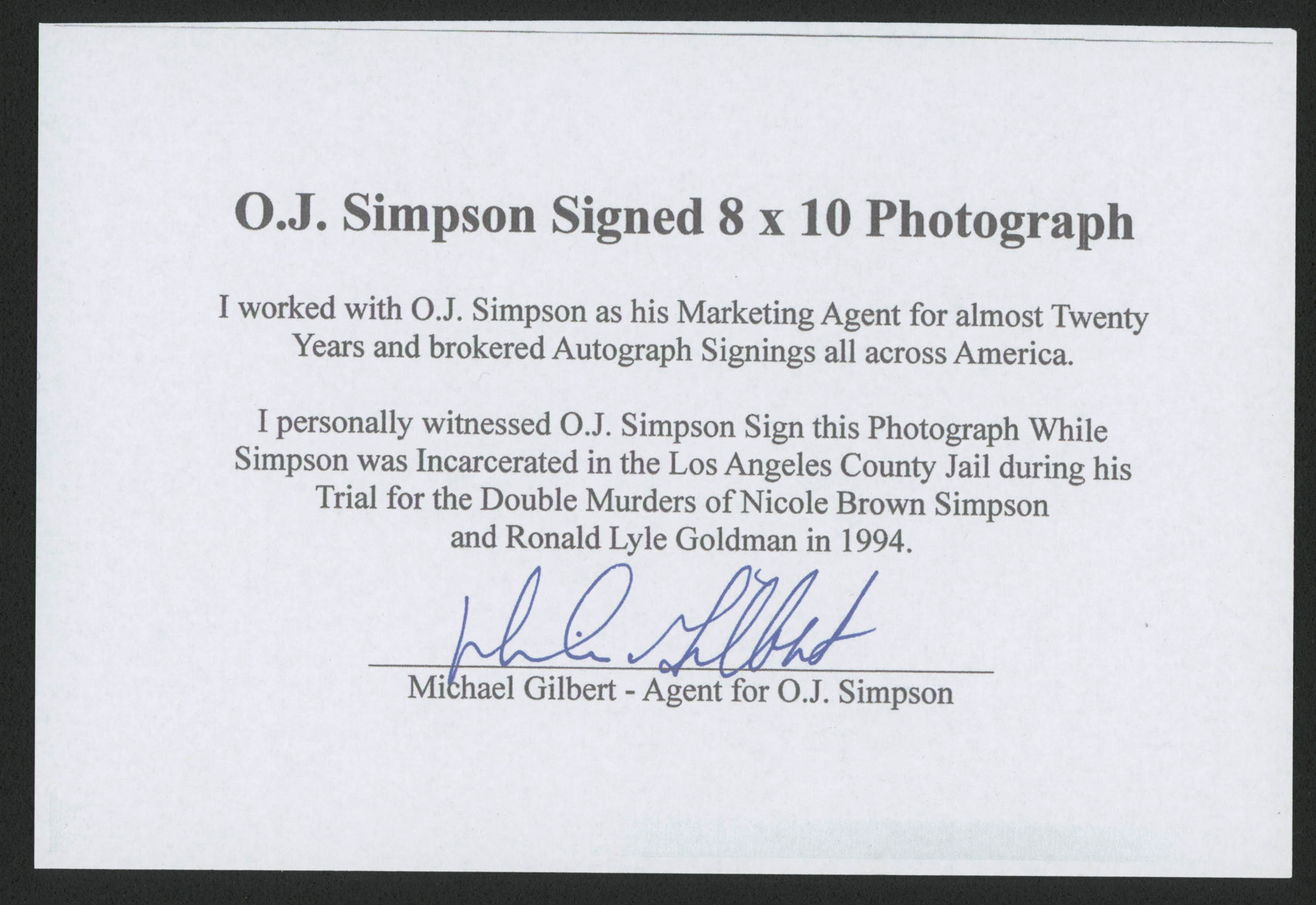 O. J. Simpson Signed 8x10 Photo (PSA COA) at PristineAuction.com O. J. Simpson Signed 8x10 Photo (PSA COA) at PristineAuction.com